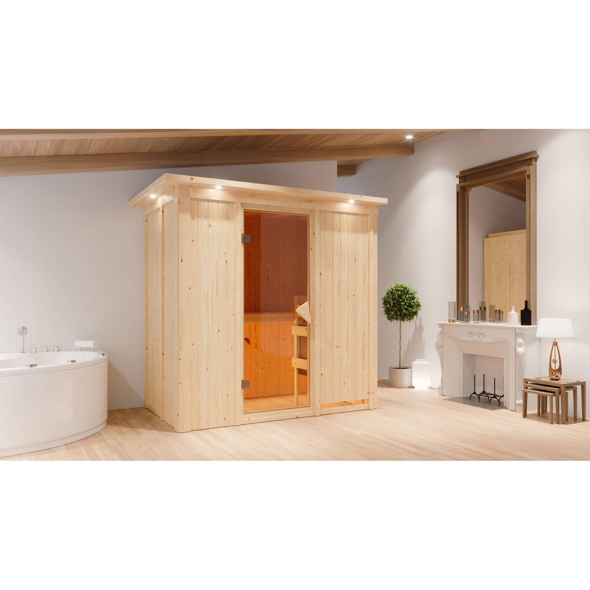 Karibu Elementsauna 'Aina' naturbelassen mit Kranz und bronzierter Tür 9 kW Ofen integrierte Steuerung 210 x 132 x 202 cm von Karibu