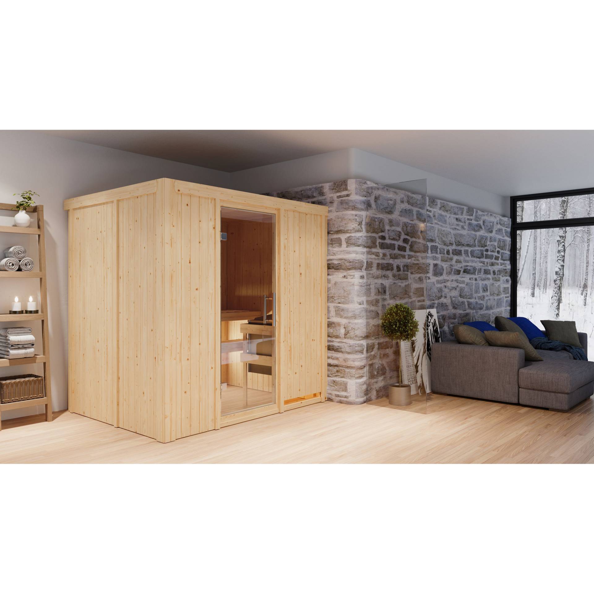 Karibu Elementsauna 'Aitana' naturbelassen mit Klarglastür 9 kW Ofen externe Steuerung easy 196 x 151 x 198 cm von Karibu