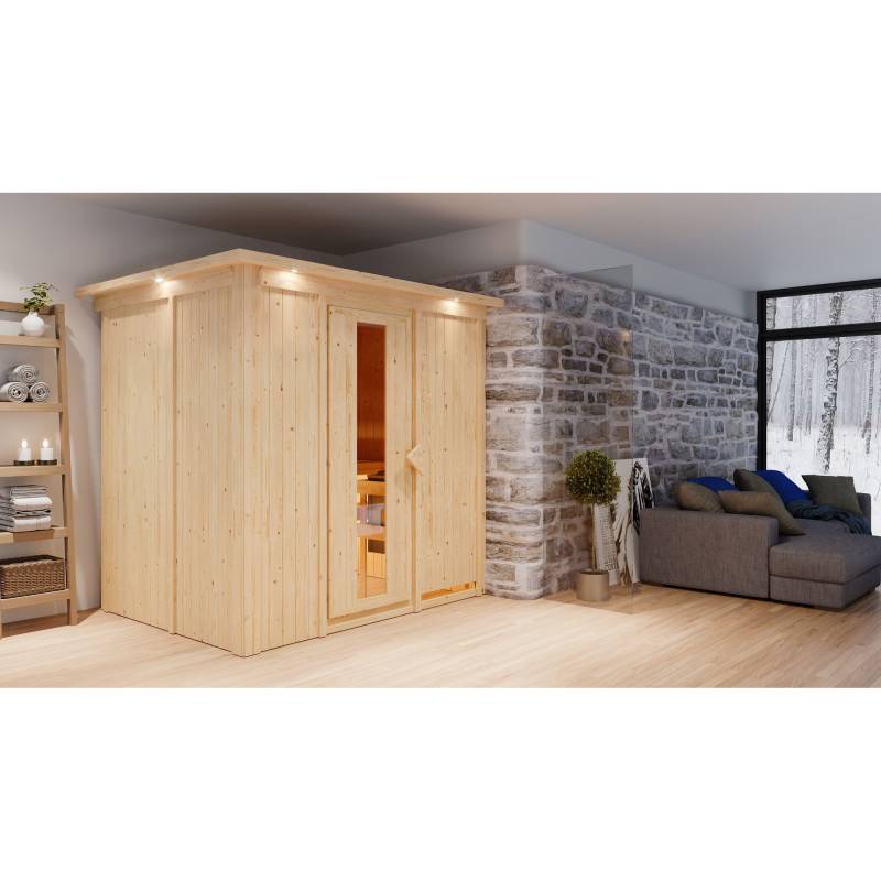 Karibu Elementsauna 'Aitana' naturbelassen mit Kranz und Energiespartür 9 kW Bio-Ofen externe Steuerung Easy 210 x 165 x 202 cm von Karibu