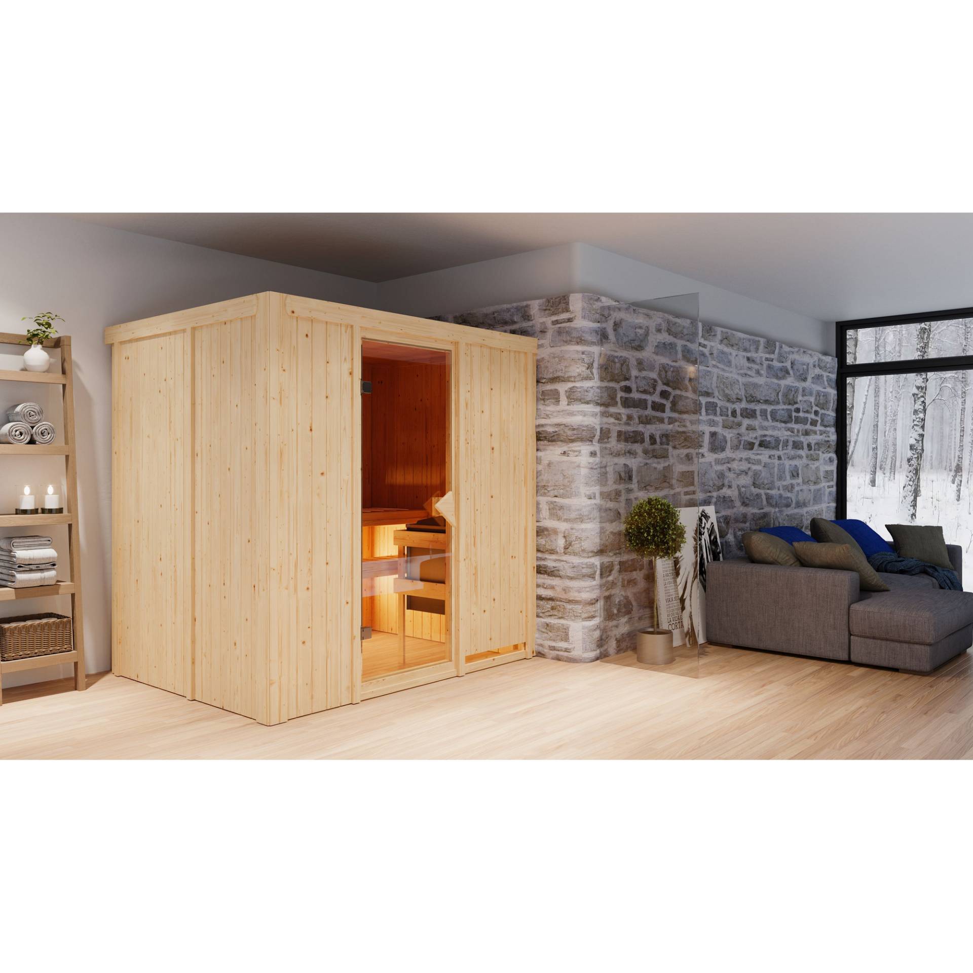 Karibu Elementsauna 'Aitana' naturbelassen mit bronzierter Tür 9 kW Ofen Edelstahl externe Steuerung Easy 196 x 151 x 198 cm von Karibu