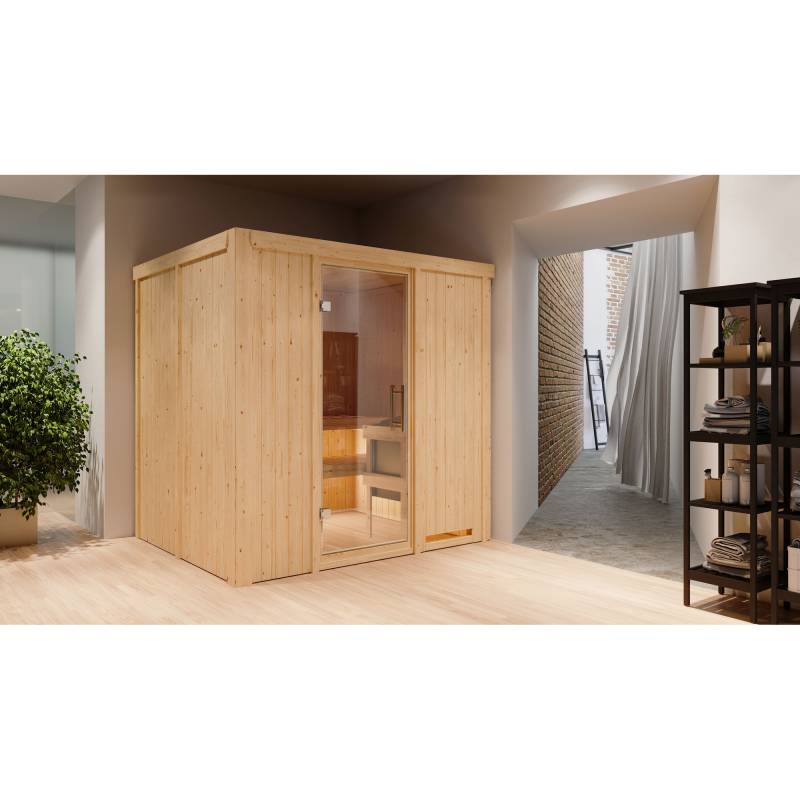 Karibu Elementsauna 'Alejandra' naturbelassen mit Klarglastür 9 kW Bio-Ofen externe Steuerung easy 196 x 170 x 198 cm von Karibu