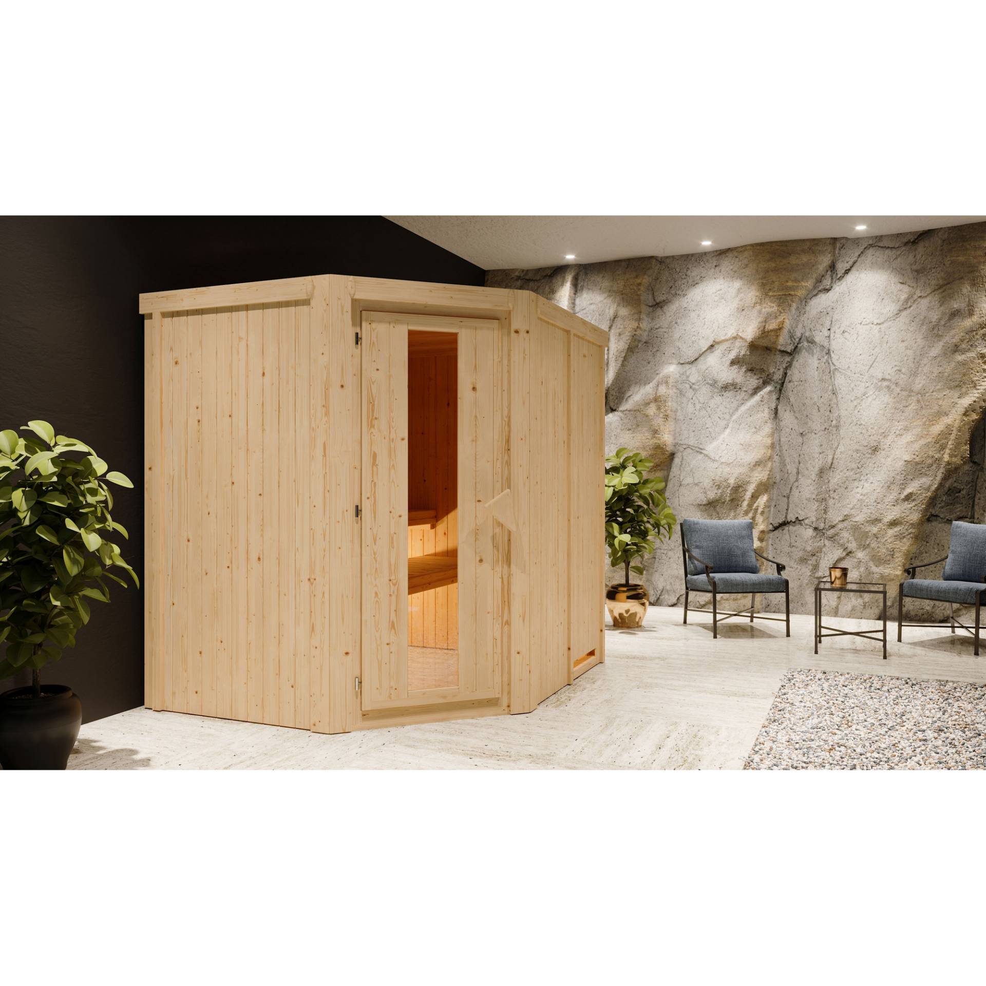 Karibu Elementsauna 'Alena' naturbelassen mit Energiespartür 9 kW Ofen integrierte Steuerung 196 x 170 x 198 cm von Karibu