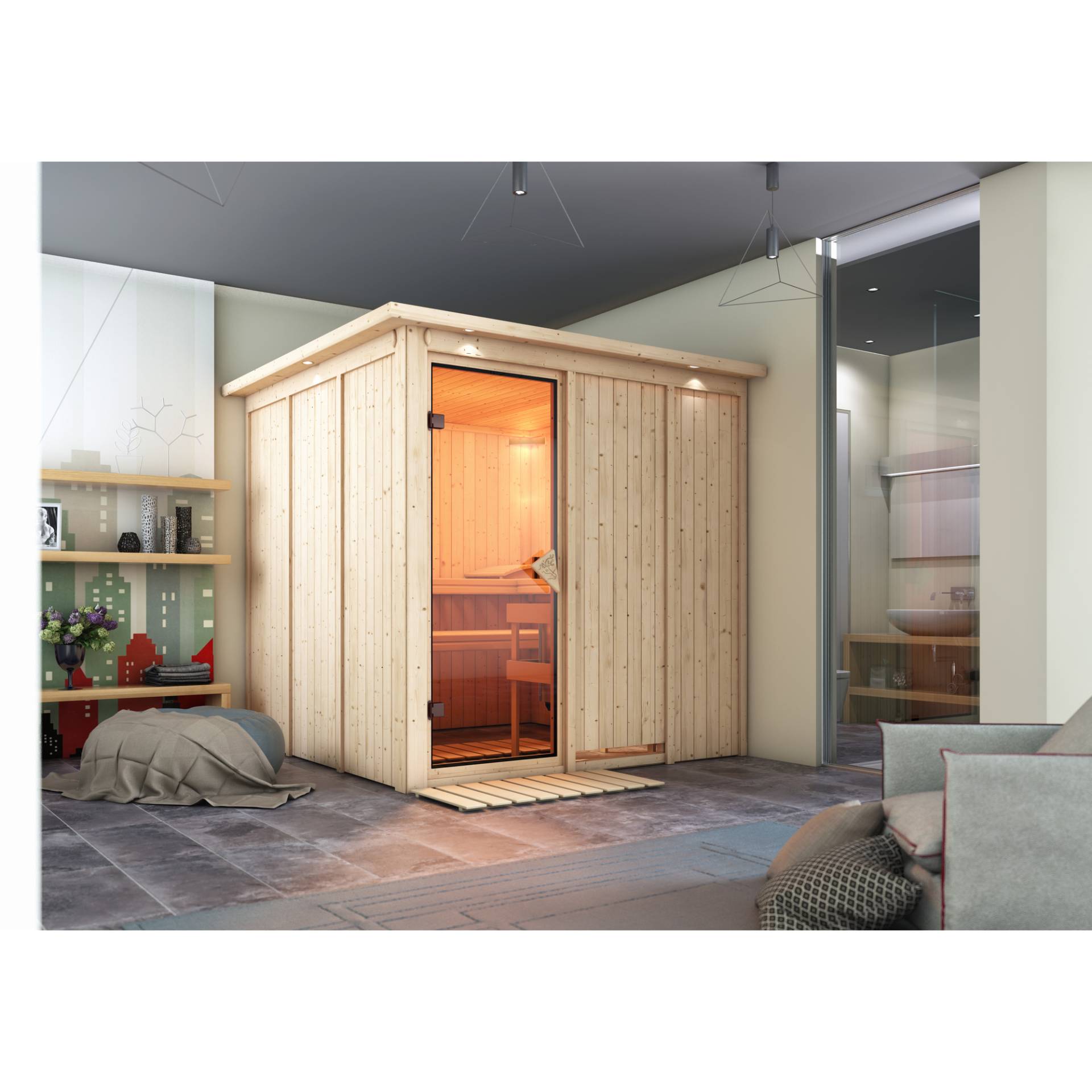 Karibu Elementsauna 'Alesia' naturbelassen mit Kranz und bronzierter Tür 210 x 210 x 202 cm Karibu Elementsauna 'Alesia' naturbelassen mit Kranz und bronzierter Tür 210 x 210 x 202 cm von Karibu