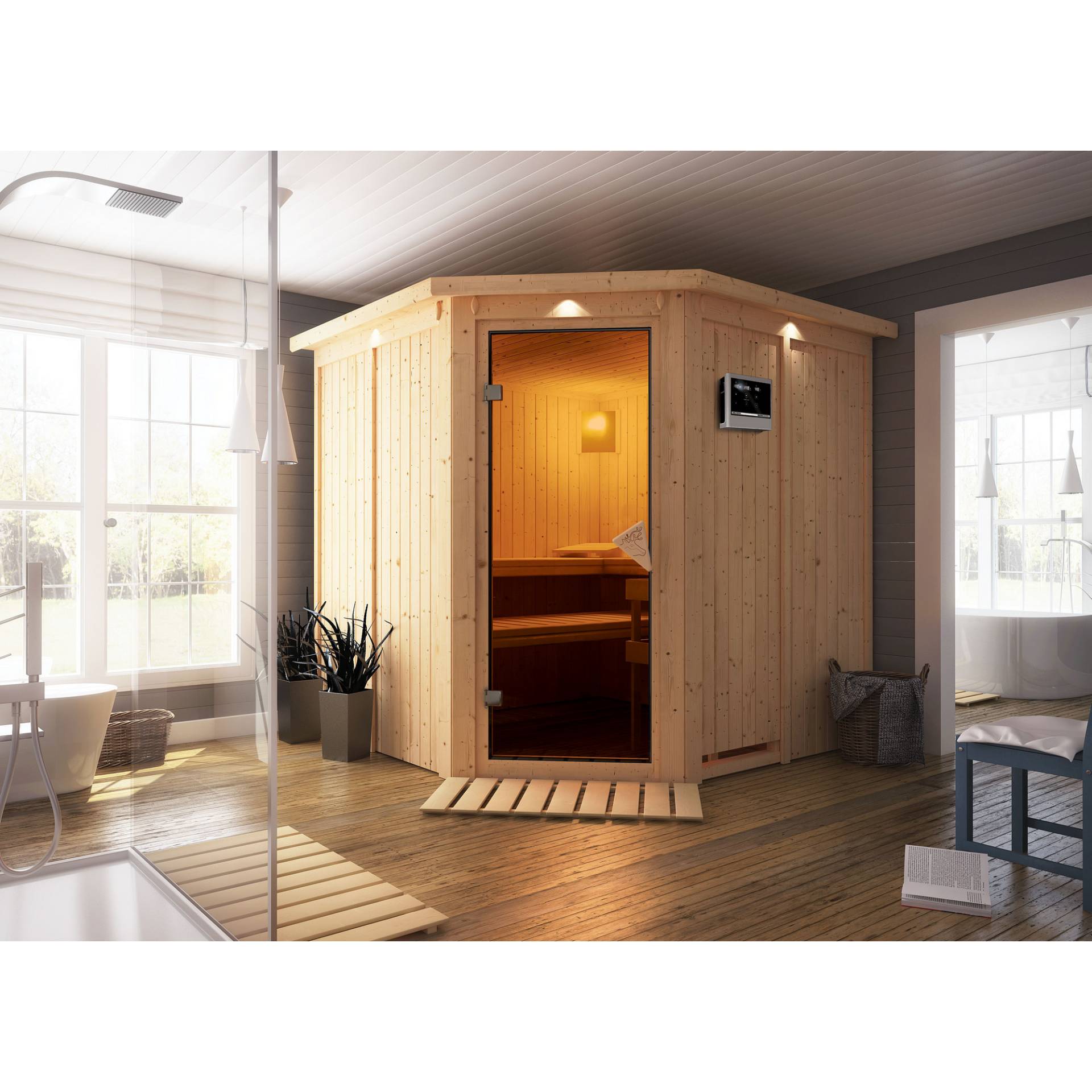 Karibu Elementsauna 'Alicia' naturbelassen mit Kranz 9 kW Ofen Edelstahl externe Steuerung Easy 210 x 210 x 202 cm von Karibu