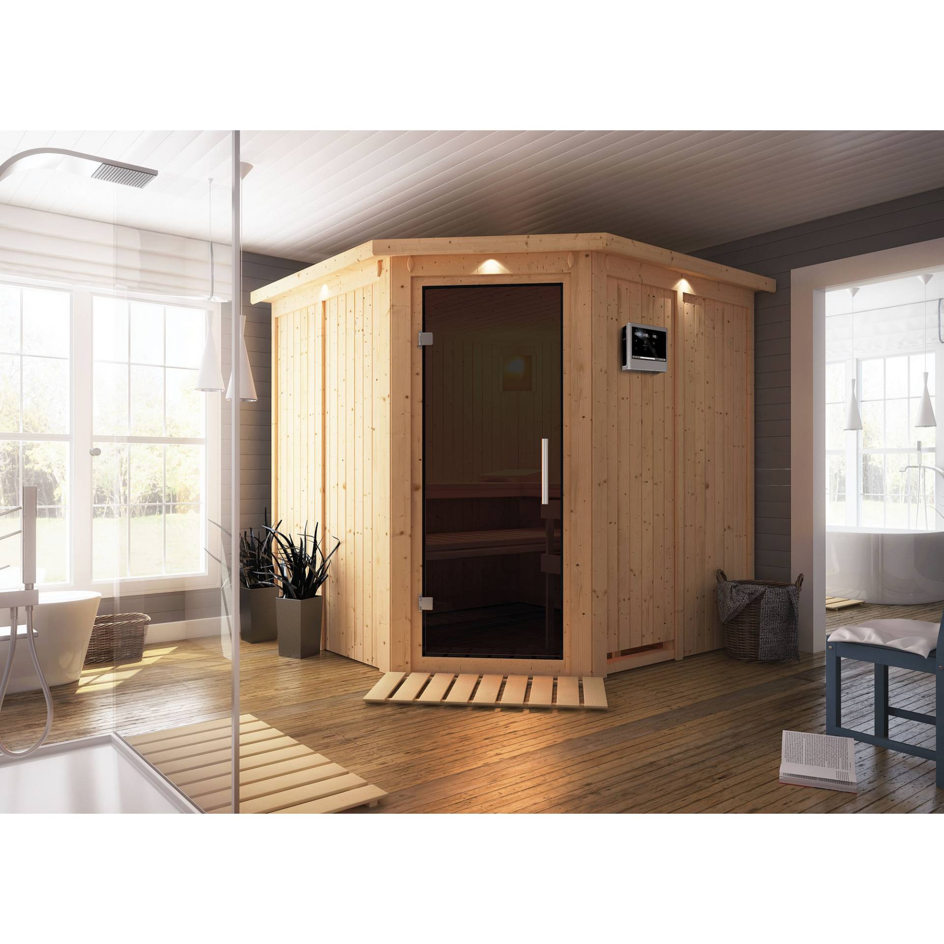 Karibu Elementsauna 'Alicia' naturbelassen mit Kranz und graphitfarbenerr Tür 9 kW Ofen externe Steuerung Easy 210 x 210 x 202 cm von Karibu