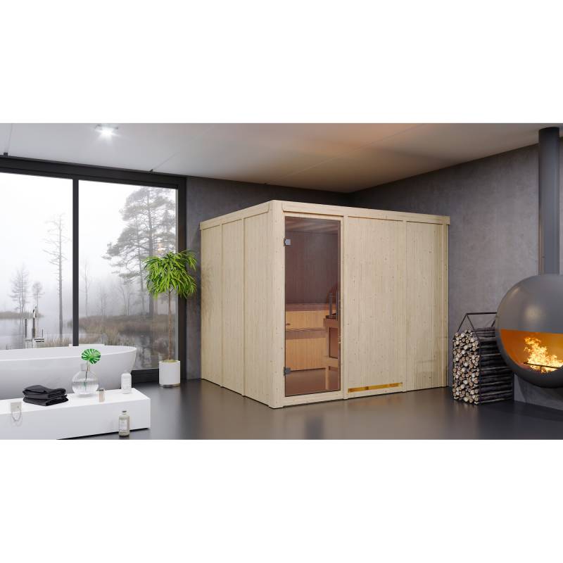 Karibu Elementsauna 'Alisa' naturbelassen mit Klarglastür 9 kW Bio-Ofen externe Steuerung easy 231 x 196 x 198 cm von Karibu
