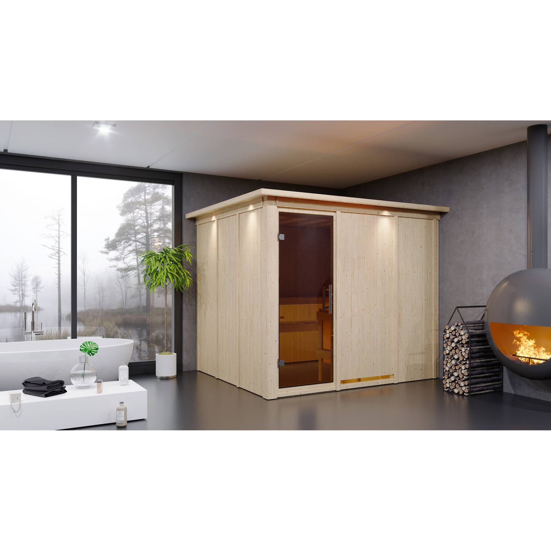 Karibu Elementsauna 'Alisa' naturbelassen mit Kranz und graphitfarbener Tür 9 kW Ofen externe Steuerung Easy 245 x 210 x 202 cm von Karibu