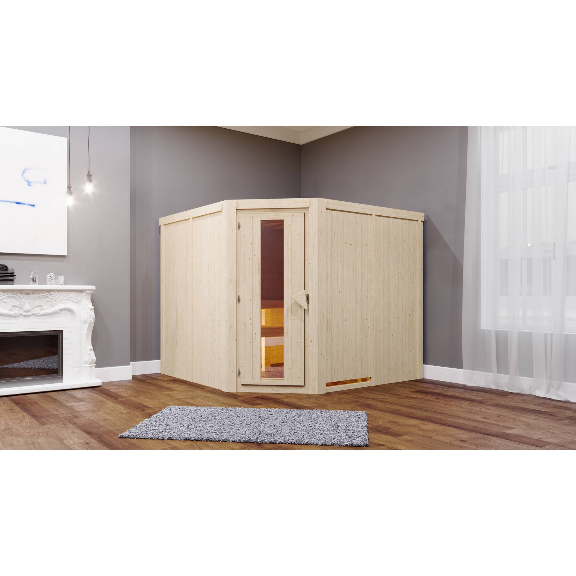 Karibu Elementsauna 'Alma' naturbelassen mit Energiespartür Tür 9 kW Bio-Ofen externe Steuerung Easy 231 x 196 x 198 cm von Karibu