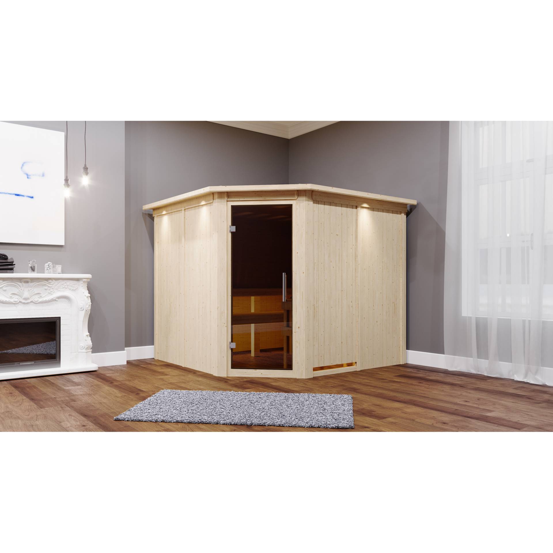 Karibu Elementsauna 'Alma' naturbelassen mit Kranz und graphitfarbener Tür 9 kW Bio-Ofen externe Steuerung Easy 245 x 210 x 202 cm von Karibu