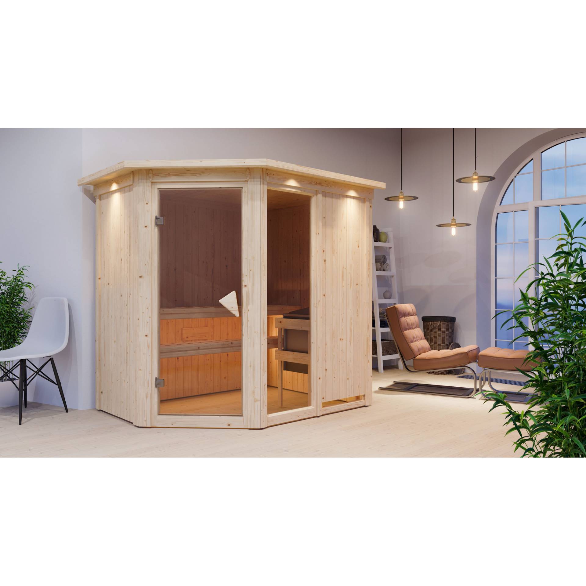 Karibu Elementsauna 'Almara 1' naturbelassen mit Kranz und bronzierter Tür 9 kW Ofen Edelstahl externe Steuerung Easy 210 x 165 x 202 cm von Karibu