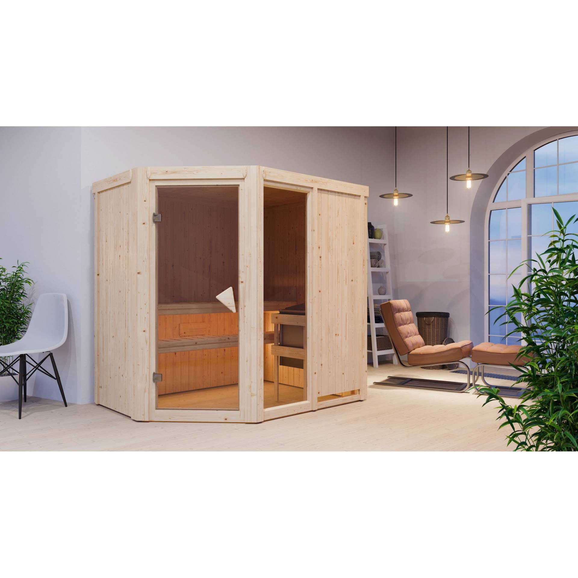 Karibu Elementsauna 'Almara 1' naturbelassen mit bronzierter Tür 9 kW Ofen Edelstahl externe Steuerung Easy 196 x 151 x 198 cm von Karibu