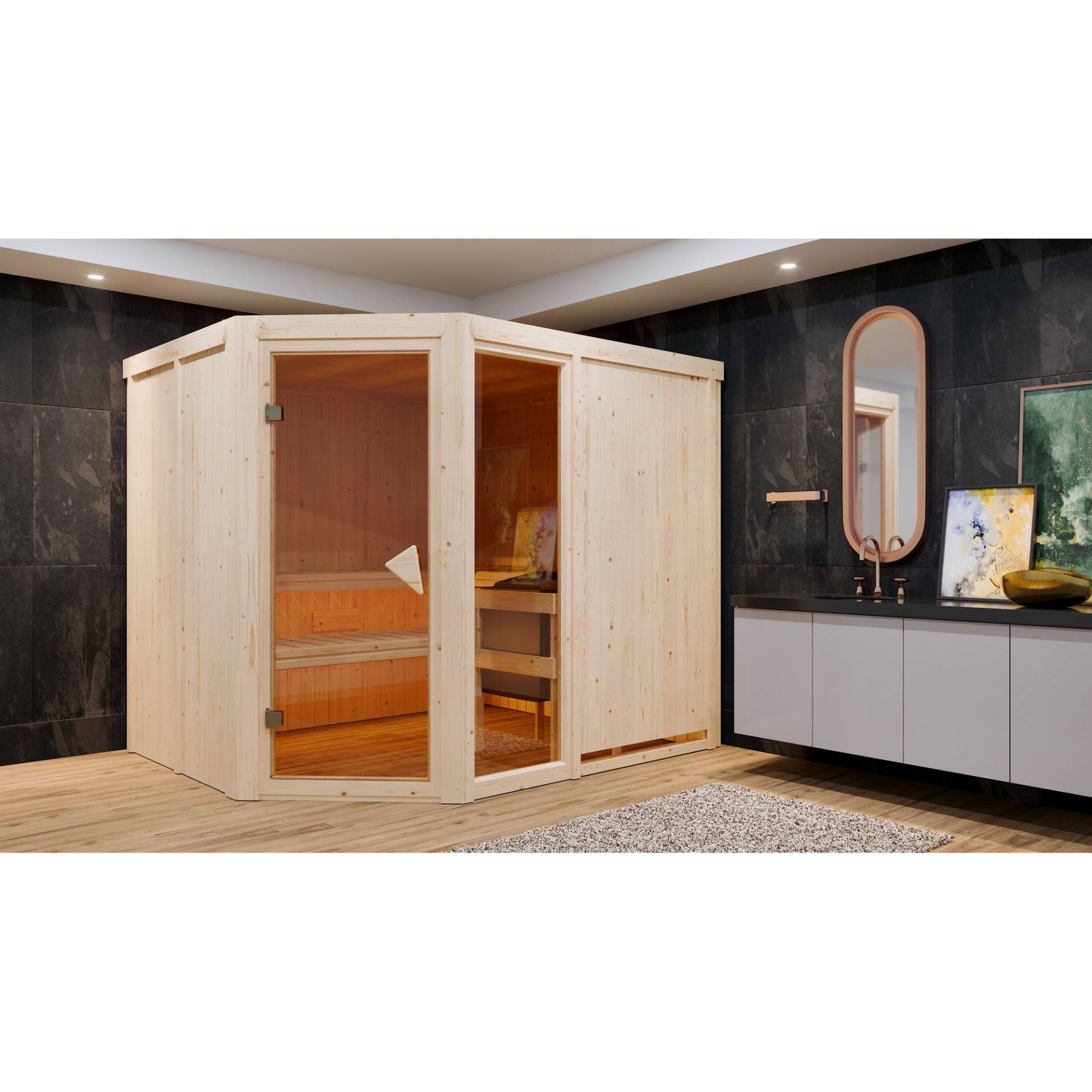 Karibu Elementsauna 'Almara 3' naturbelassen mit bronzierter Tür 9 kW Bio-Ofen Edelstahl externe Steuerung Easy 231 x 196 x 198 cm von Karibu