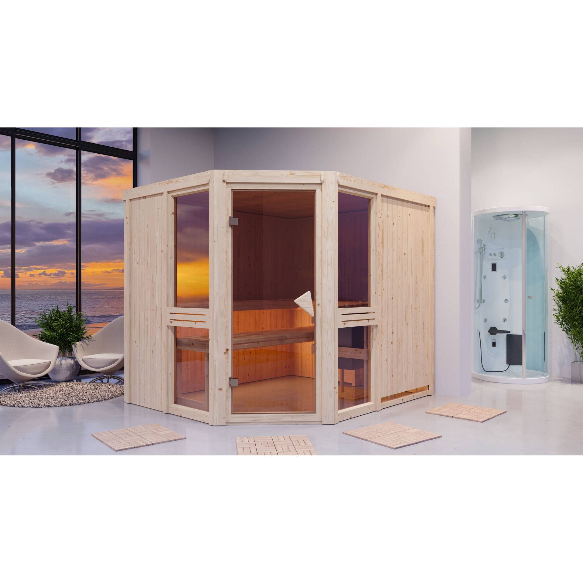 Karibu Elementsauna 'Ana 3' naturbelassen mit bronzierter Tür 9 kW Ofen externe Steuerung Easy 231 x 196 x 198 cm von Karibu