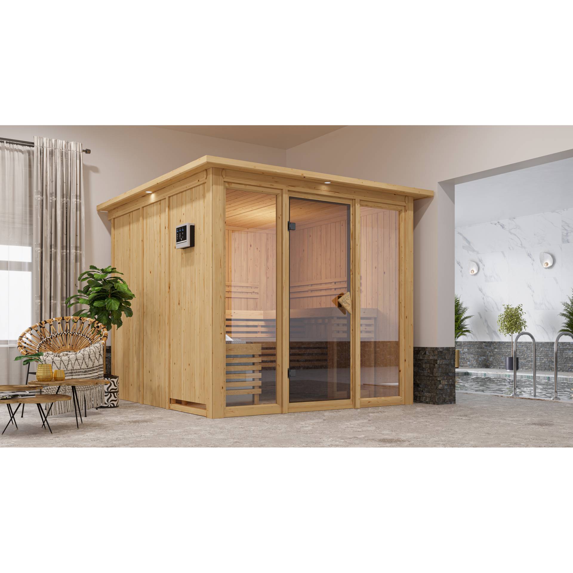 Karibu Elementsauna 'Arabella' naturbelassen mit Kranz bronzierter Tür und Glasfront 9 kW Ofen integrierte Steuerung 240,5 x 248 x 202 cm von Karibu