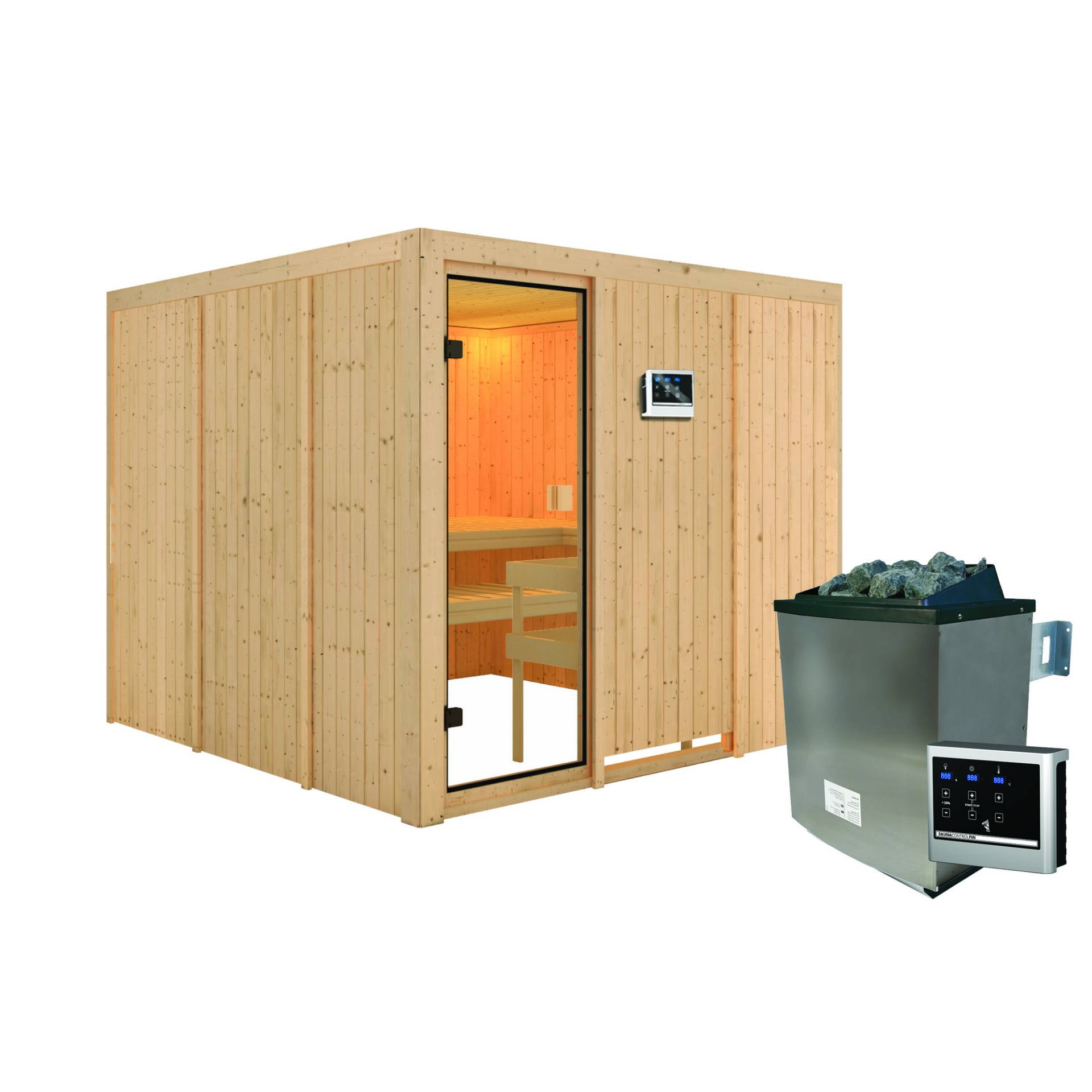 Karibu Elementsauna 'Arvika' natur 9 kW Ofen, Steuerung Easy, bronzierte Glastür 231 x 231 x 198 cm von Karibu