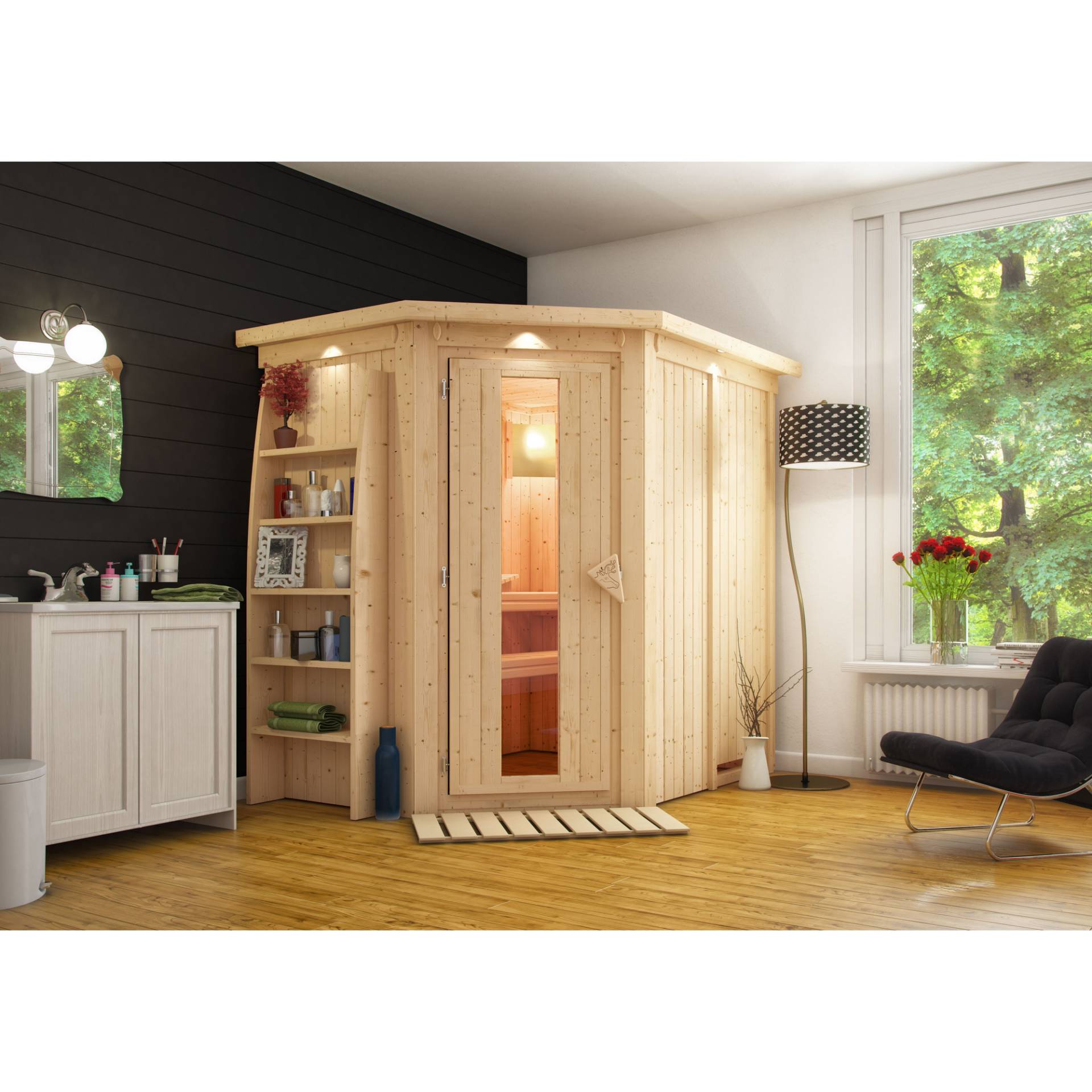 Karibu Elementsauna 'Carlota' naturbelassen mit Kranz und Energiespartür 165 x 210 x 202 cm von Karibu