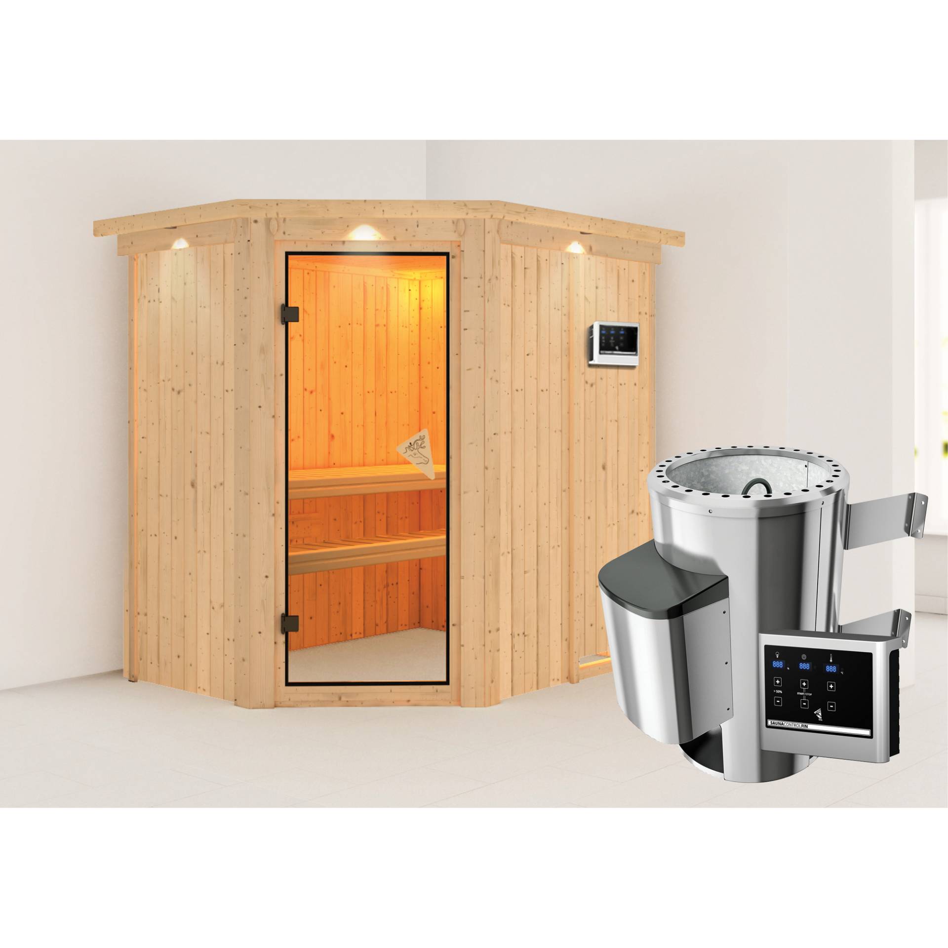 Karibu Elementsauna 'Carlota' naturbelassen mit Kranz und bronzierter Tür 3,6 kW Ofen externe Steuerung Easy 165 x 210 x 202 cm von Karibu