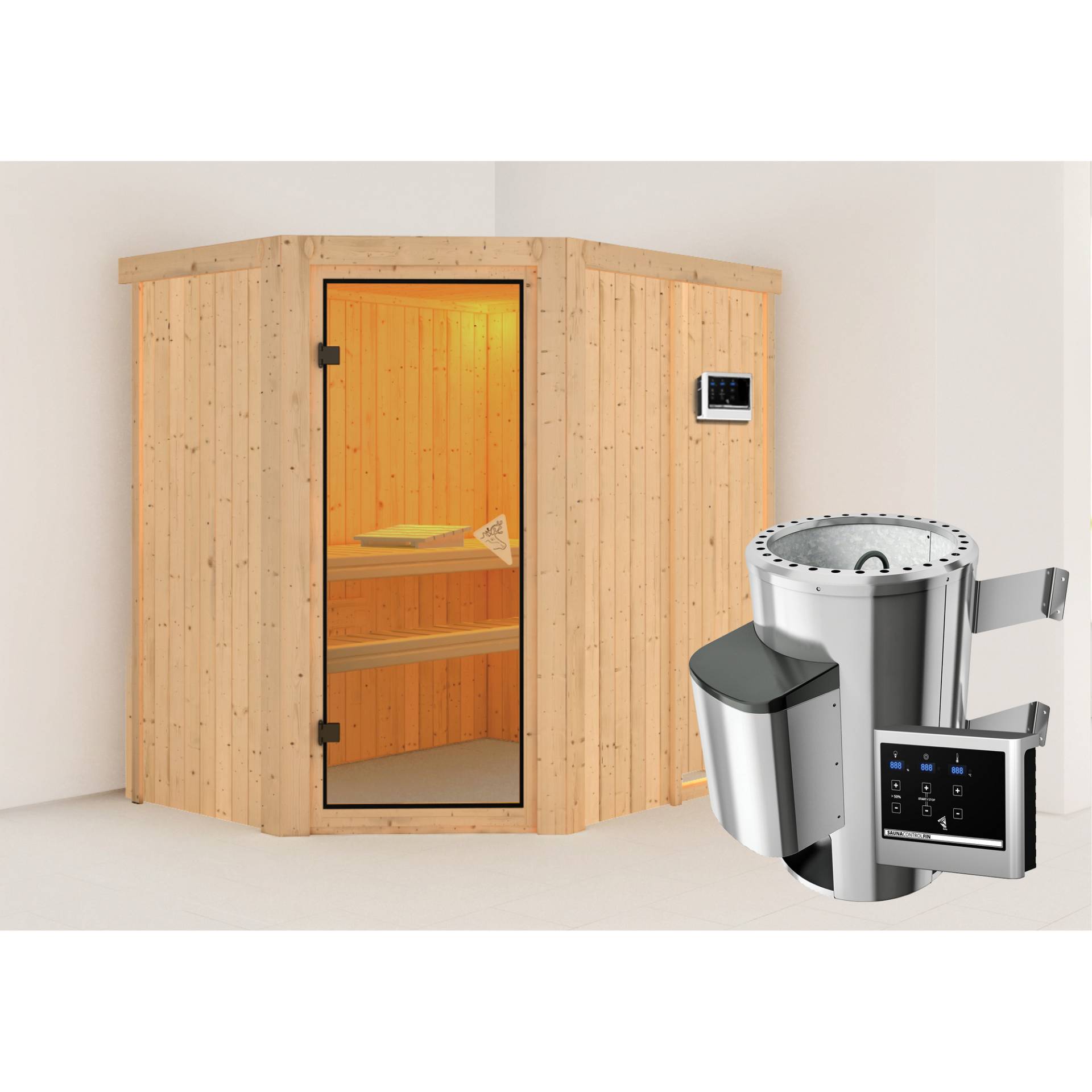 Karibu Elementsauna 'Carlota' naturbelassen mit bronzierter Tür 3,6 kW Ofen externe Steuerung Easy 151 x 196 x 198 cm von Karibu