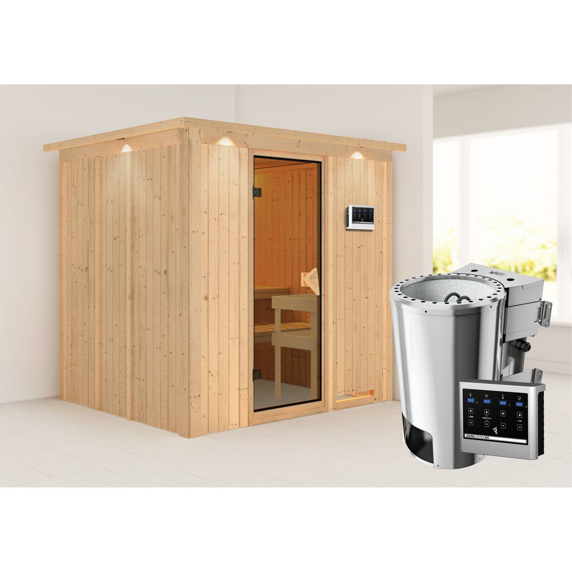 Karibu Elementsauna 'Carmen' naturbelassen mit Kranz und bronzierter Tür 3,6 kW Bio-Ofen externe Steuerung modern 210 x 184 x 202 cm von Karibu