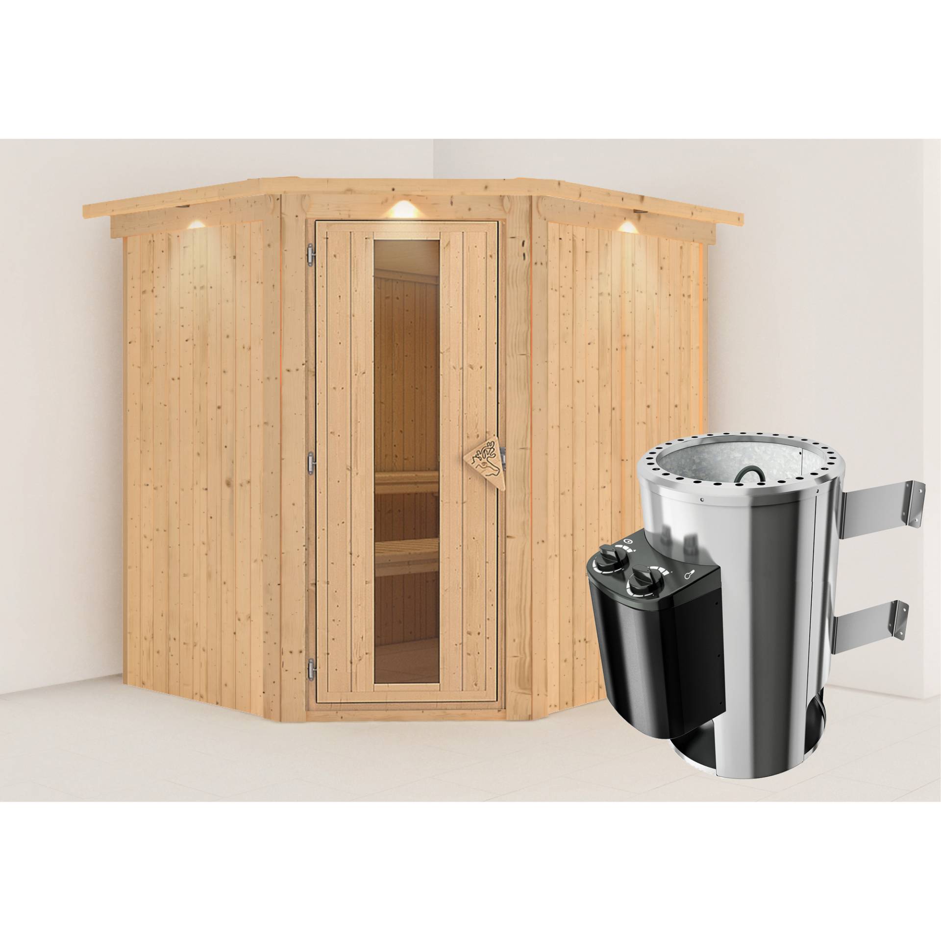 Karibu Elementsauna 'Carolina' naturbelassen mit Energiespartür und Kranz 3,6 kW Ofen integrierte Steuerung 210 x 184 x 202 cm Karibu Elementsauna 'Carolina' naturbelassen mit Energiespartür und Kranz 3,6 kW Ofen integrierte Steuerung 210 x 184 x 202 cm von Karibu