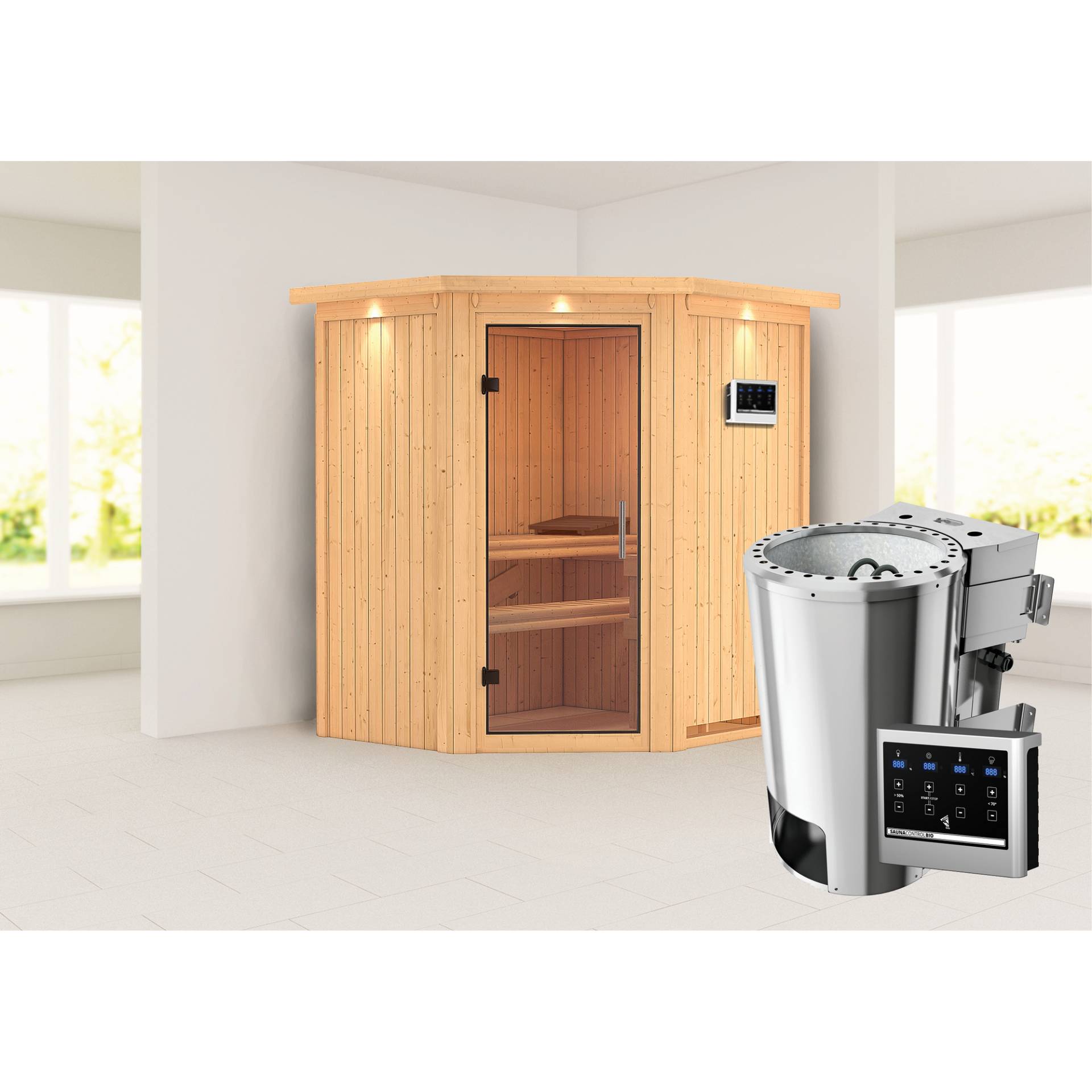 Karibu Elementsauna 'Emma' naturbelassen mit Kranz und Klarglastür 3,6 kW Bio-Ofen externe Steuerung Easy 184 x 165 x 202 cm Karibu Elementsauna 'Emma' naturbelassen mit Kranz und Klarglastür 3,6 kW Bio-Ofen externe Steuerung Easy 184 x 165 x 202 cm von Karibu