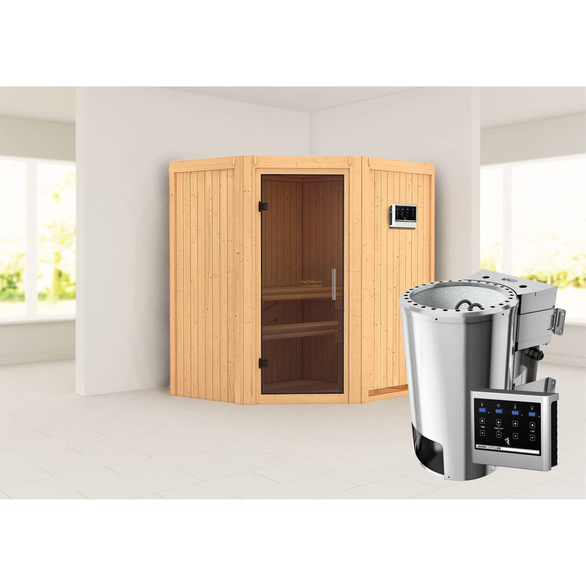 Karibu Elementsauna 'Emma' naturbelassen mit graphitfarbener Tür 3,6 kW Bio-Ofen externe Steuerung Easy 170 x 151 x 198 cm von Karibu