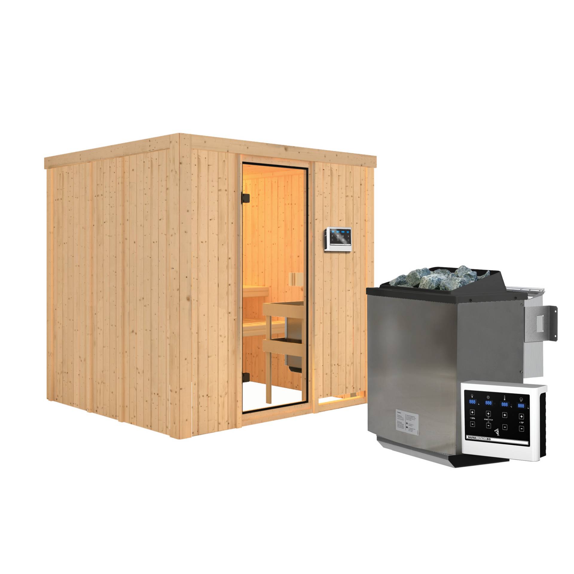 Karibu Elementsauna 'Halmstadt' natur 9 kW Bio-Ofen, Steuerung Easy, Glastür, Zubehörpaket 178 x 196 x 198 cm von Karibu