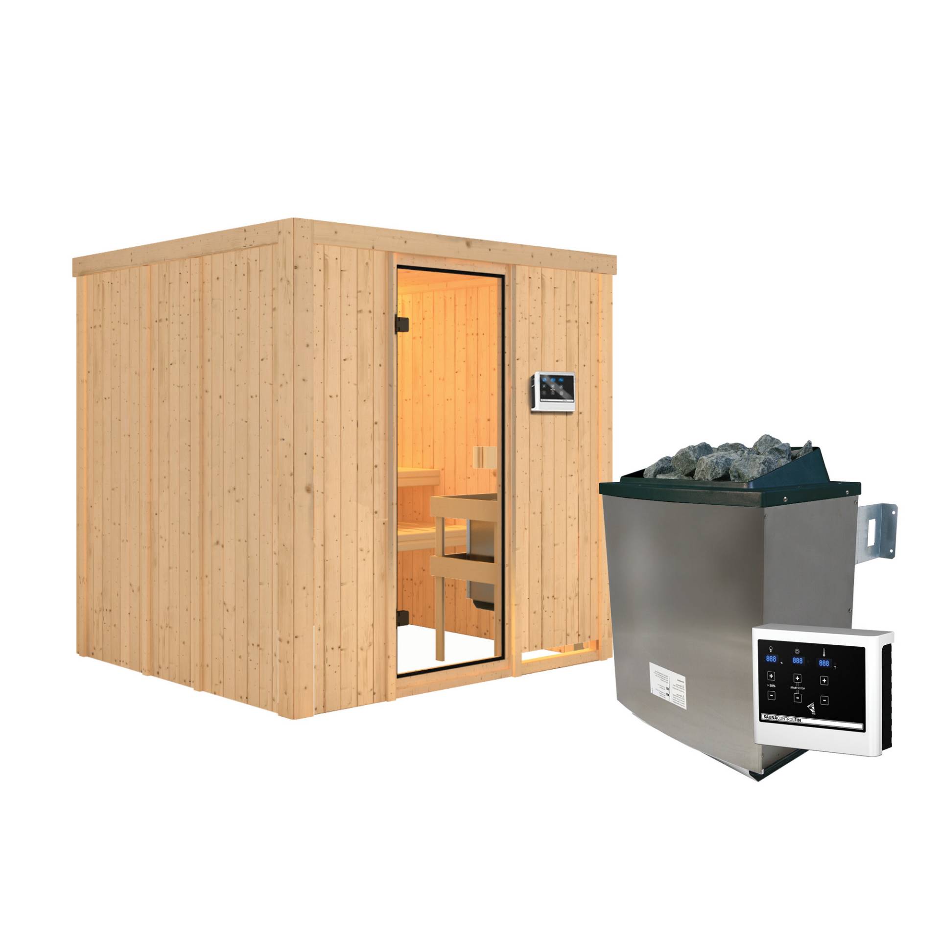 Karibu Elementsauna 'Halmstadt' natur 9 kW Ofen, Steuerung Easy, Glastür, Zubehörpaket 178 x 196 x 198 cm von Karibu