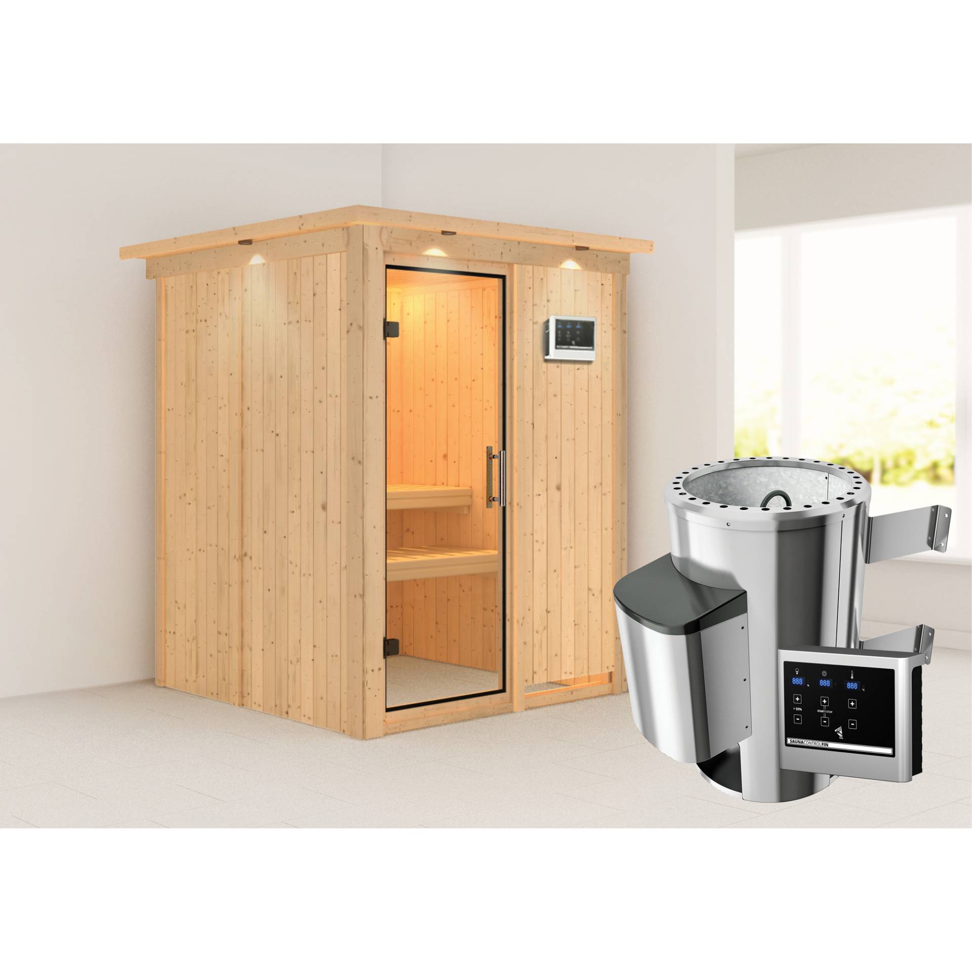 Karibu Elementsauna 'Paula' naturbelassen mit Kranz und Klarglastür 3,6 kW Ofen externe Steuerung Easy 165 x 165 x 202 cm von Karibu