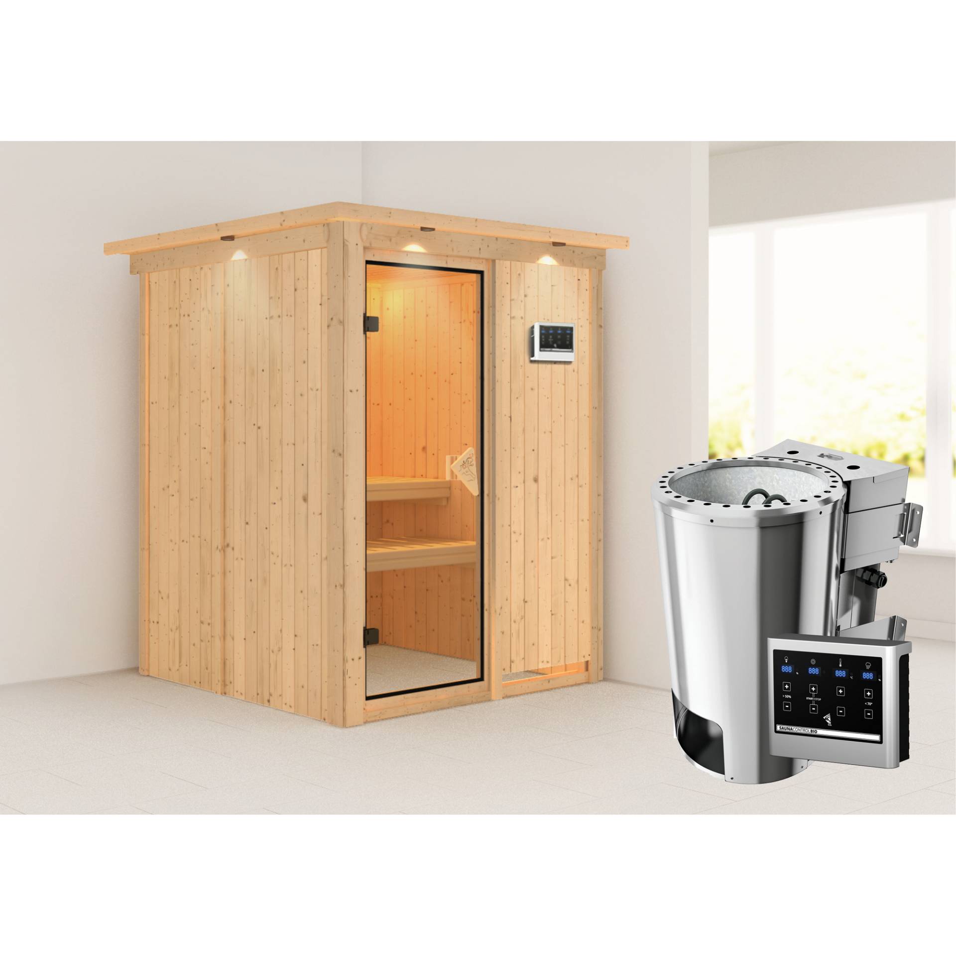 Karibu Elementsauna 'Paula' naturbelassen mit Kranz und bronzierter Tür mit Bio-Ofen 3,6 kW externe Steuerung Easy 165 x 165 x 202 cm von Karibu