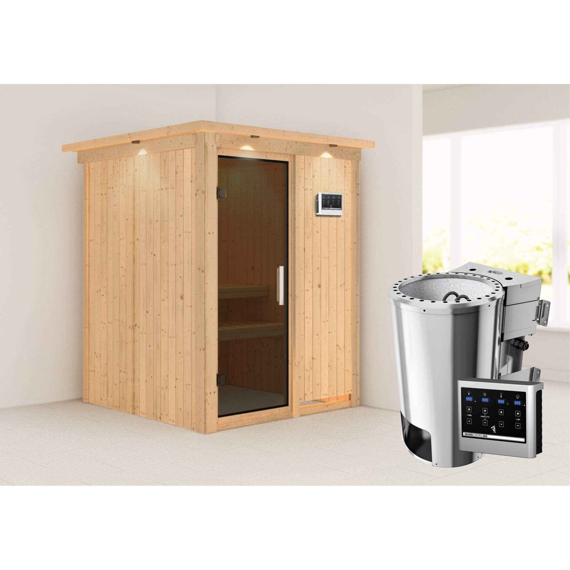 Karibu Elementsauna 'Paula' naturbelassen mit Kranz und graphitfarbener Tür 3,6 kW Bio-Ofen externe Steuerung Easy 165 x 165 x 202 cm von Karibu