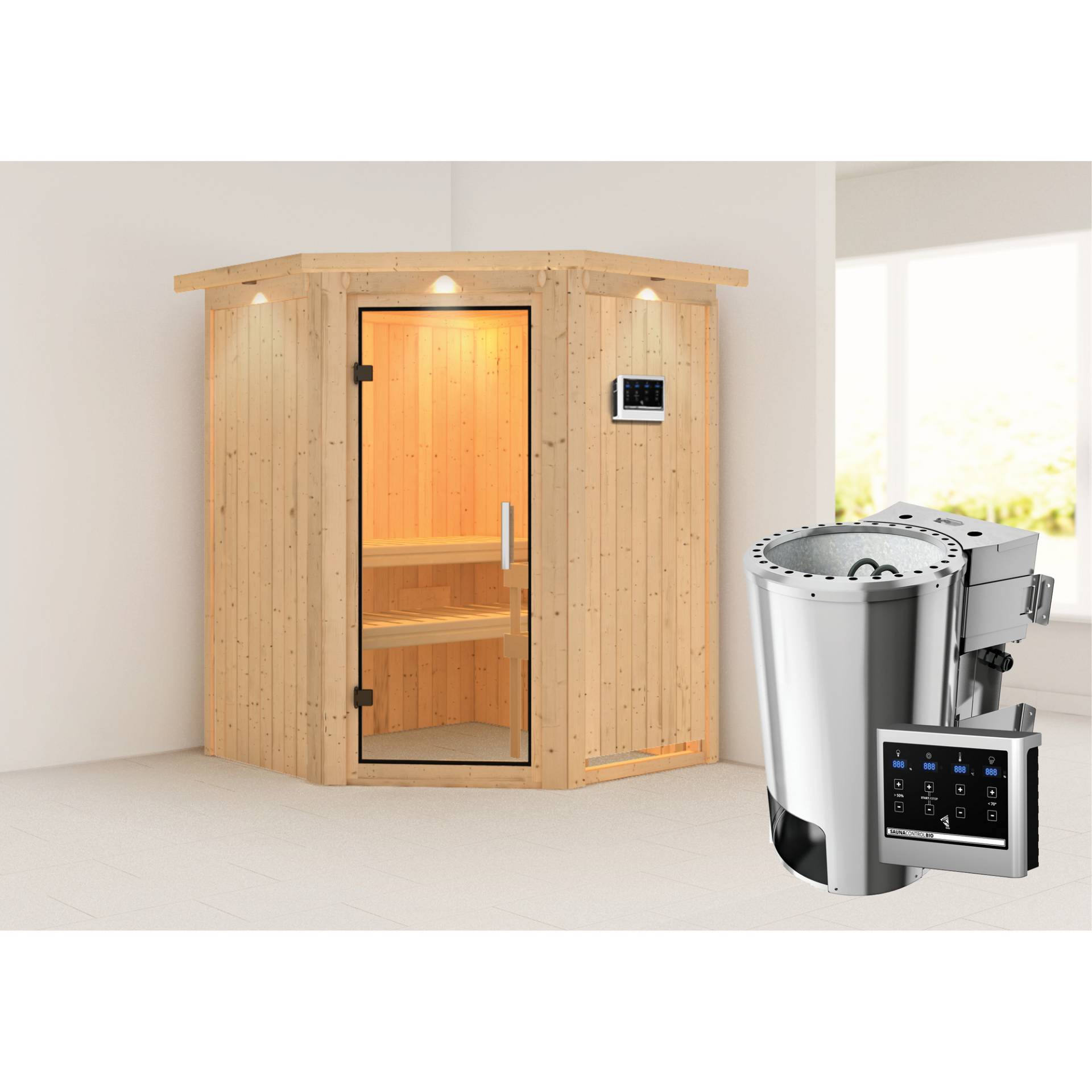 Karibu Elementsauna 'Valeria' naturbelassen mit Kranz und Klarglastür 3,6 kW Bio-Ofen externe Steuerung Easy 165 x 165 x 202 cm von Karibu