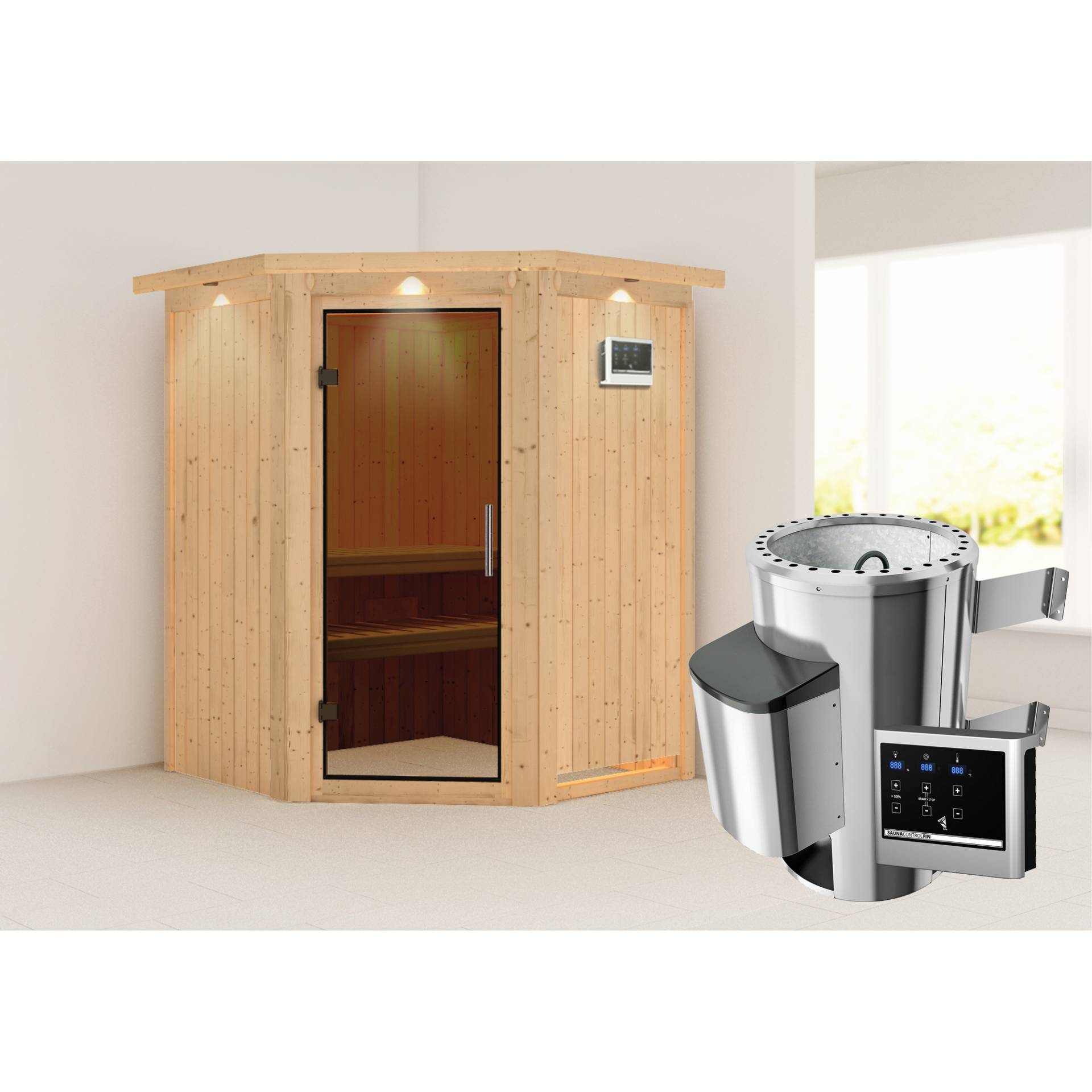 Karibu Elementsauna 'Valeria' naturbelassen mit Kranz und graphitfarbener Tür 3,6 kW Ofen externe Steuerung Easy 165 x 165 x 202 cm Karibu Elementsauna 'Valeria' naturbelassen mit Kranz und graphitfarbener Tür 3,6 kW Ofen externe Steuerung Easy 165 x 165 x 202 cm von Karibu