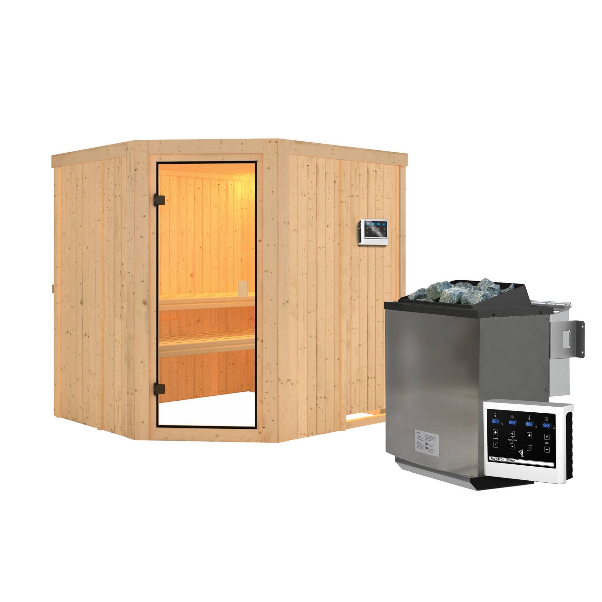 Karibu Elementsauna 'Varberg' natur 9 kW Bio-Ofen, Steuerung Easy, Glastür, Zubehörpaket  178 x 196 x 198 cm von Karibu