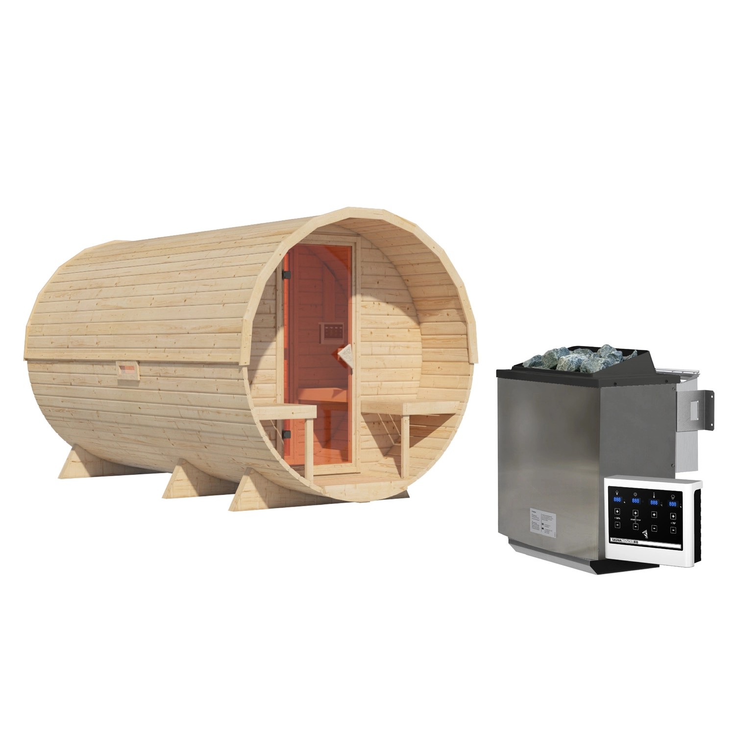 Karibu Fass-Sauna 3 Set Naturbelassen mit Ofen 9 kW Bio ext. Steuerung von Karibu