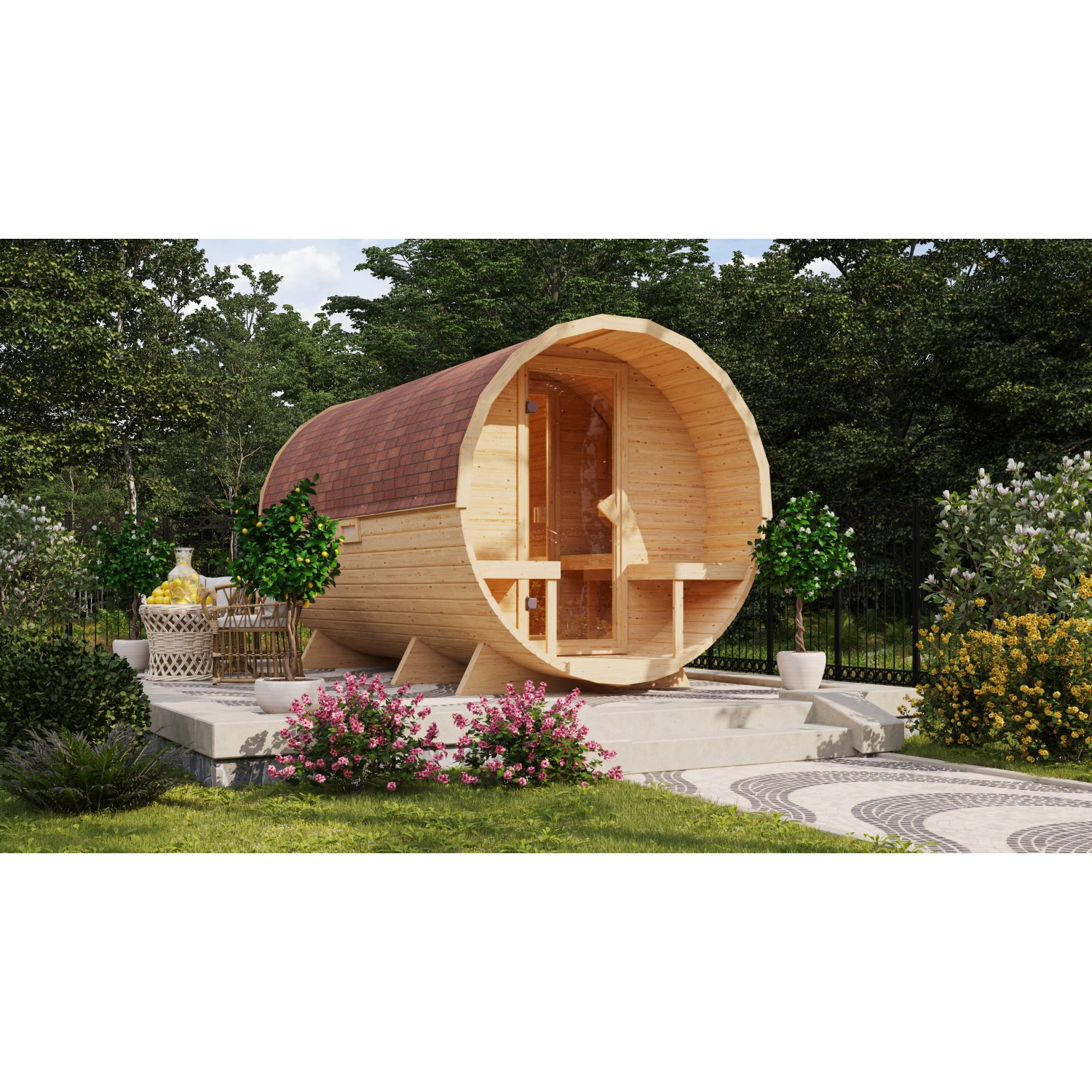 Karibu Fass-Sauna 3 Set Naturbelassen mit Ofen 9 kW Bio ext. Steuerung von Karibu