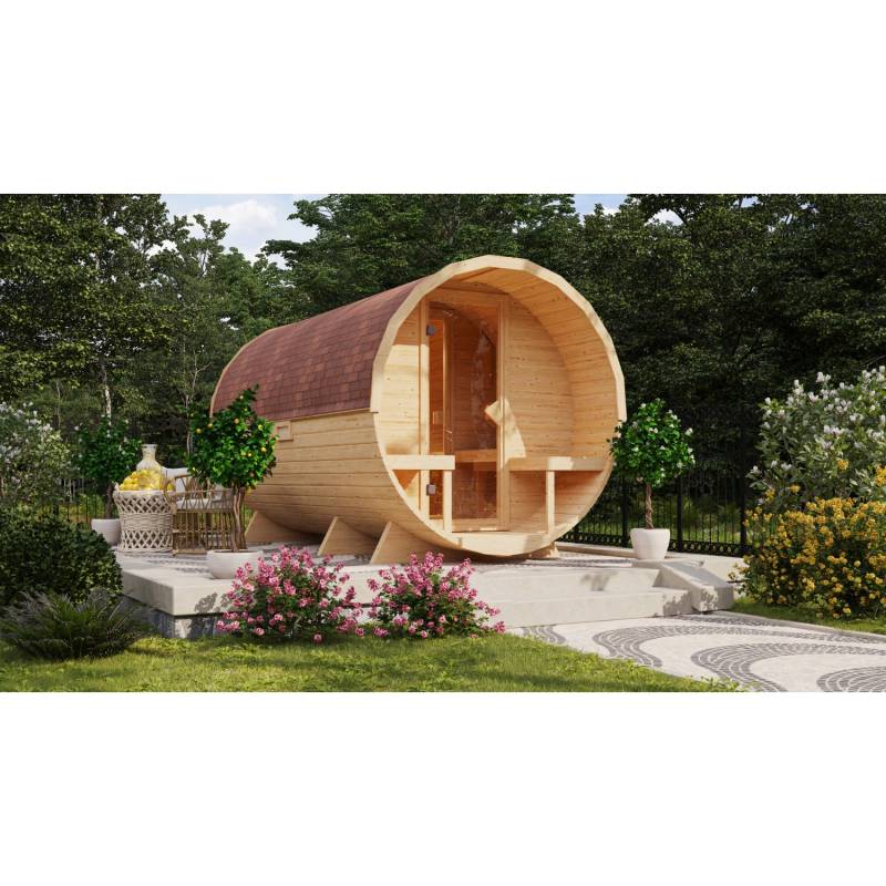 Karibu Fass-Sauna 3 Set Naturbelassen mit Ofen 9 kW Bio ext. Steuerung von Karibu