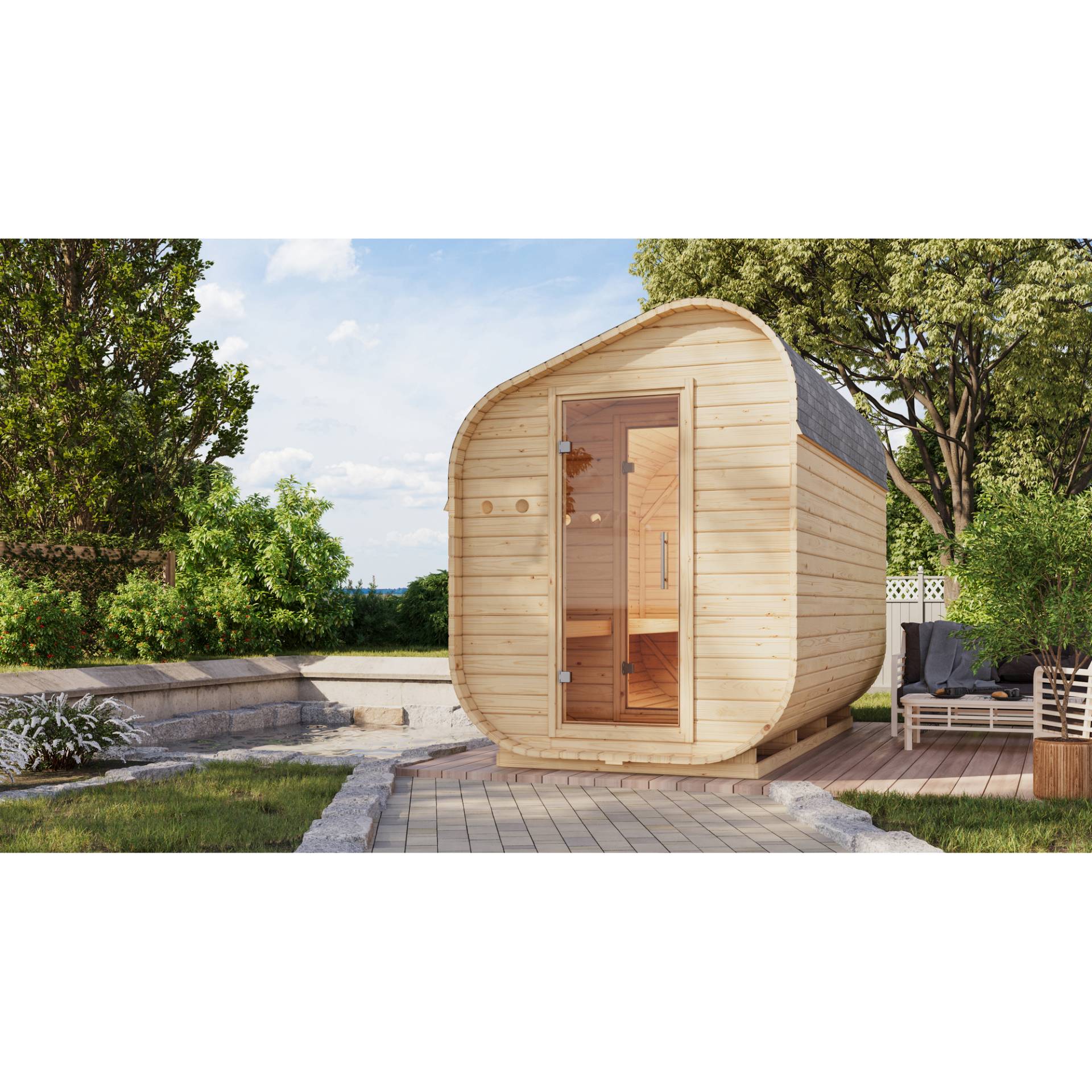 Karibu Fasssauna 'Suna 3' asymmetrisch naturbelassen 9 kW Bio-Ofen externe Steuerung 199 x 355 x 248,5 cm Karibu Fasssauna 'Suna 3' asymmetrisch naturbelassen 9 kW Bio-Ofen externe Steuerung 199 x 355 x 248,5 cm von Karibu