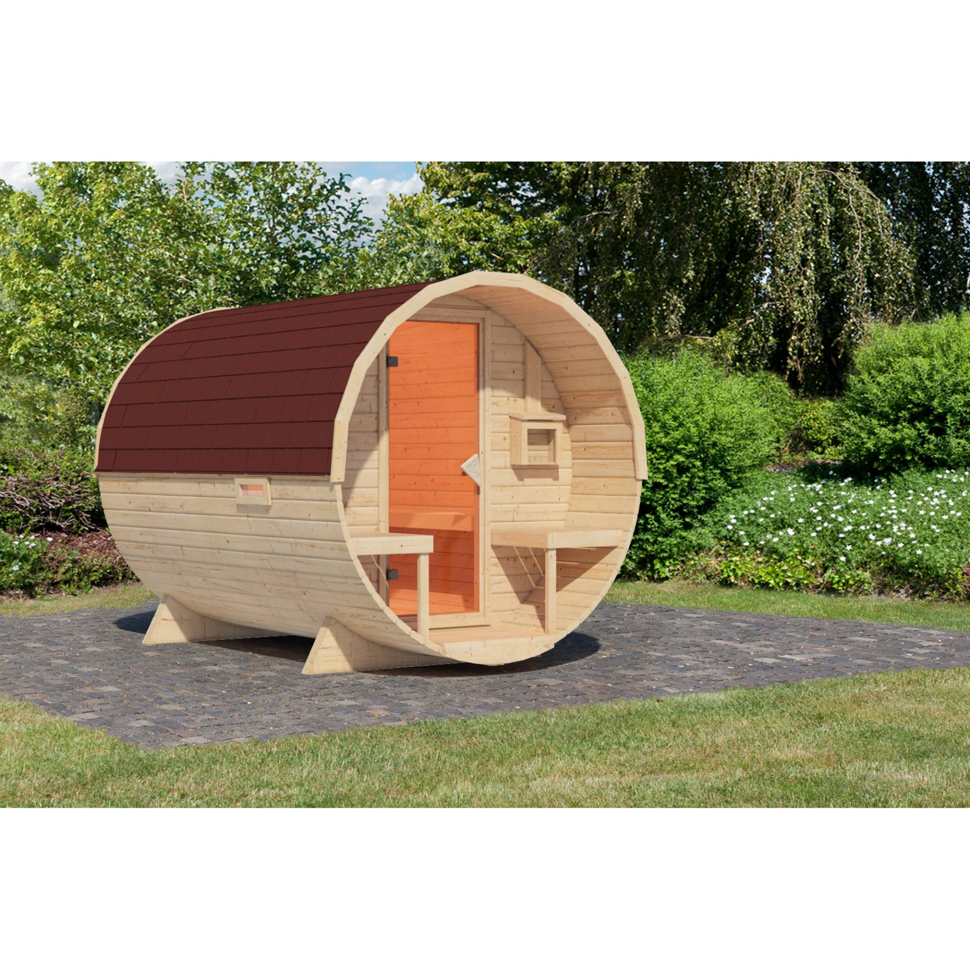 Karibu Fasssauna Größe 2 naturbelassen mit roten Schindeln 225 x 295 x 229 cm Karibu Fasssauna Größe 2 naturbelassen mit roten Schindeln 225 x 295 x 229 cm von Karibu