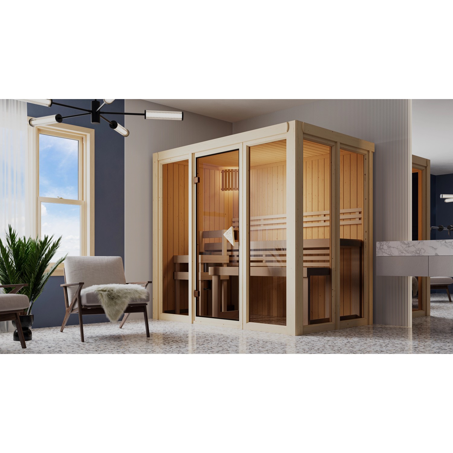 Karibu Ganzglasfront-Set für Sauna Vaira 3 Natur mit Ofen 3,6 kW Ext. Strg. Karibu Ganzglasfront-Set für Sauna Vaira 3 Natur mit Ofen 3,6 kW Ext. Strg. von Karibu