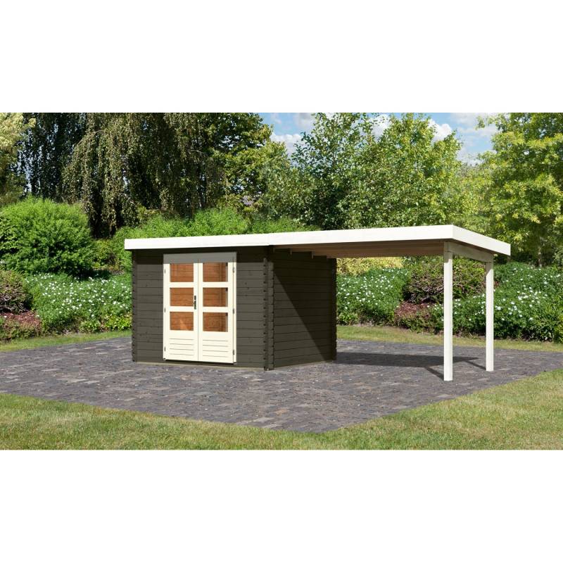 Karibu Gartenhaus Ängelholm 3 Terragrau 579 cm x 237 cm mit Anbaudach von Karibu