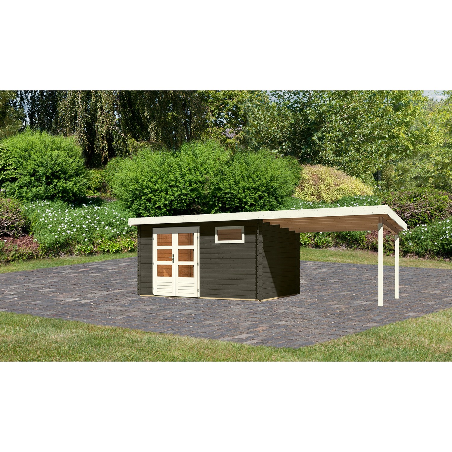 Karibu Gartenhaus Ängelholm 8 Terragrau 669 cm x 297 cm mit Anbaudach von Karibu