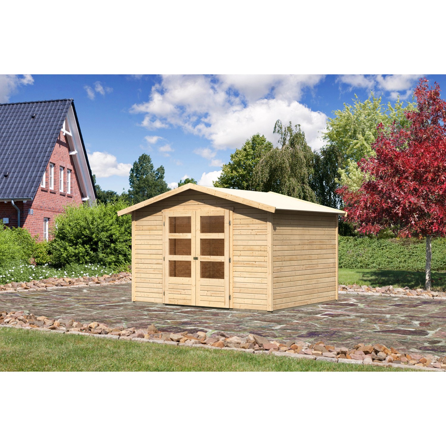 Karibu Holz-Gartenhaus Amberg Natur Satteldach Unbehandelt 302 cm x 242 cm von Karibu