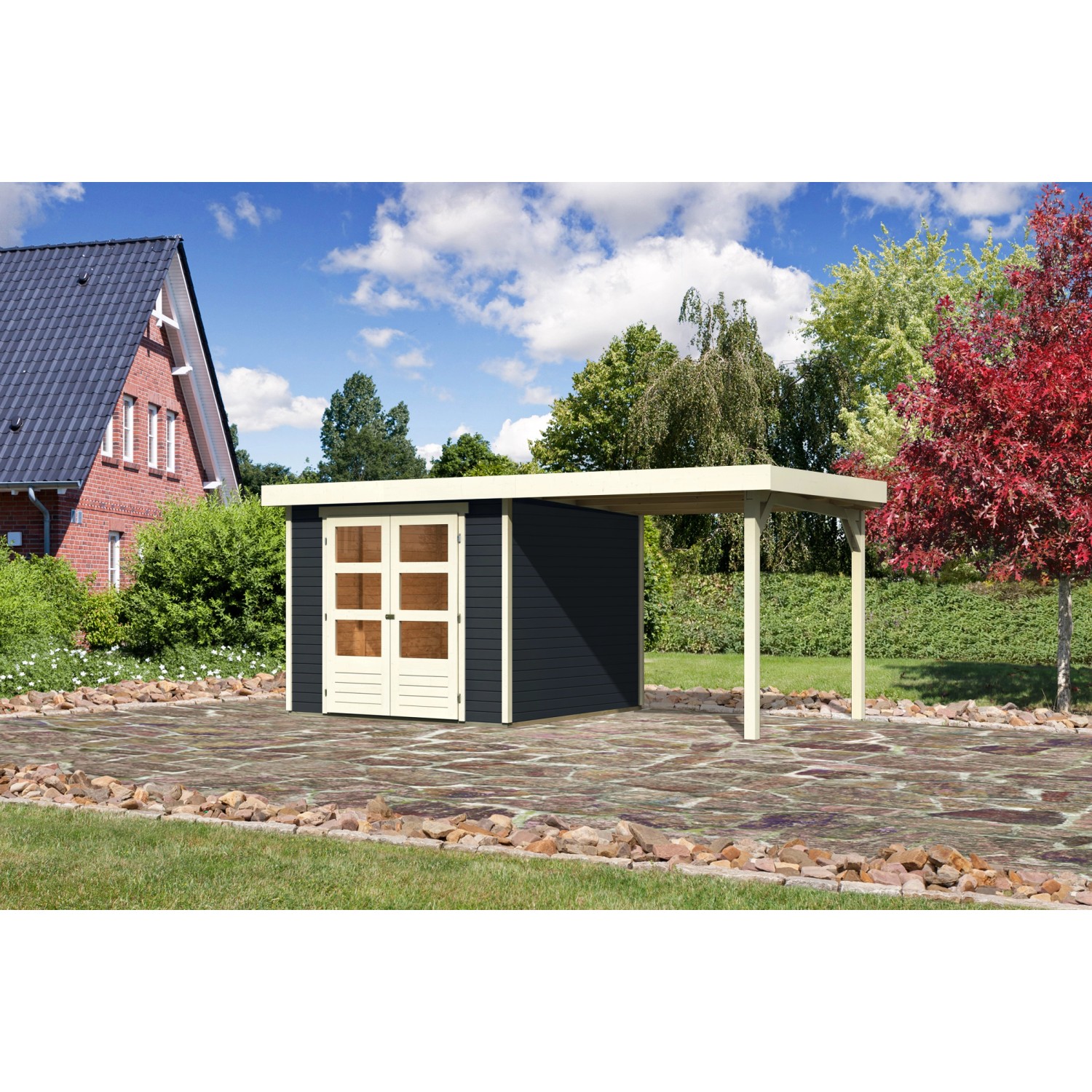 Karibu Gartenhaus Boras 3,5 Anthrazit 462 cm x 246 cm mit Anbaudach von Karibu