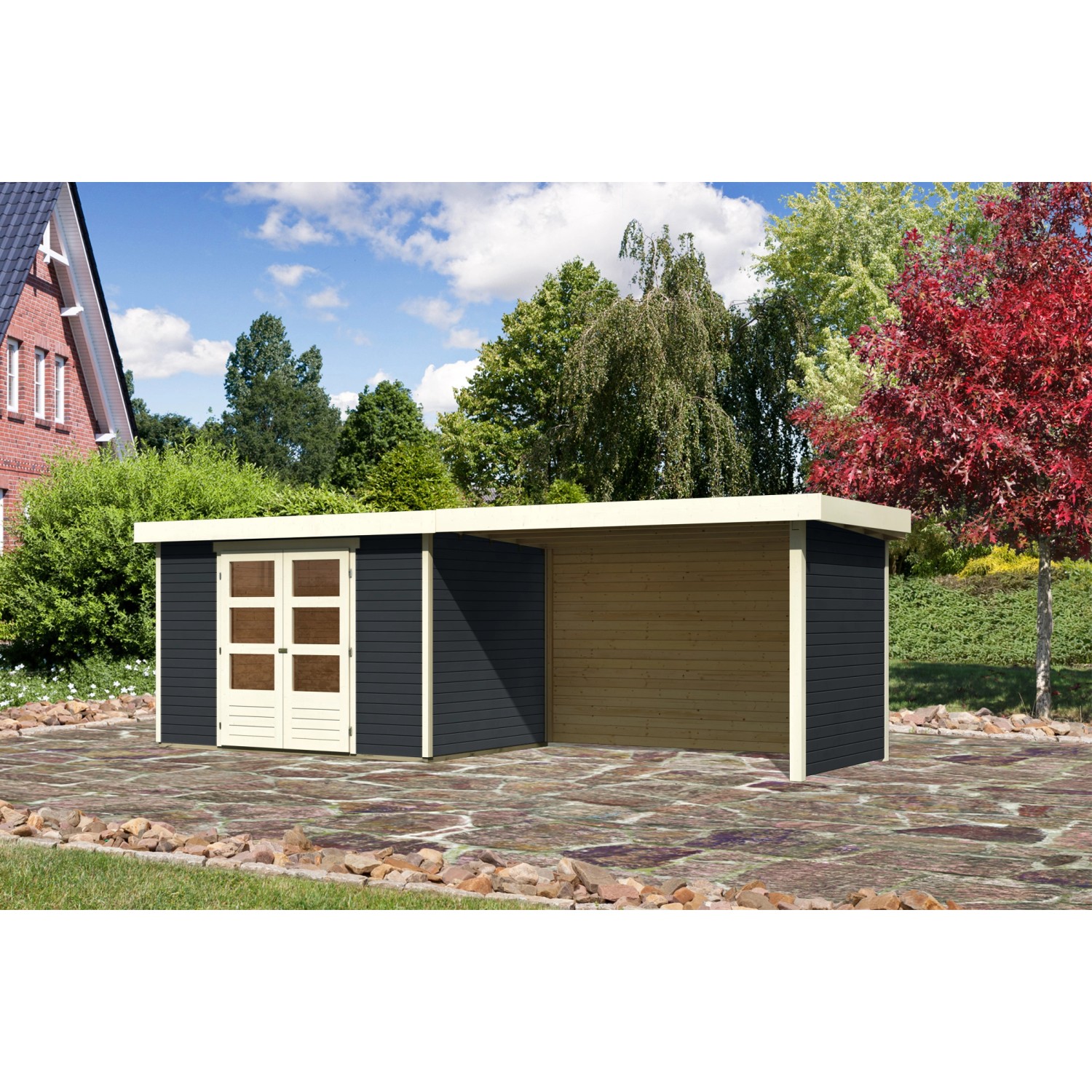 Karibu Gartenhaus Boras 4 Anthrazit 557x217 cm mit Anbaudach und Seiten-Rückwand von Karibu