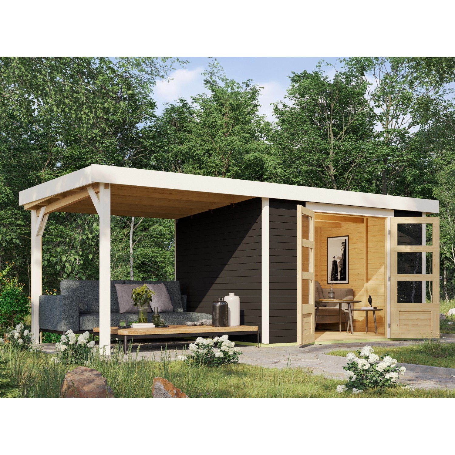 Karibu Gartenhaus Set Boras 5 Anthrazit mit Anbaudach 240 cm Breit 7,21 m² von Karibu