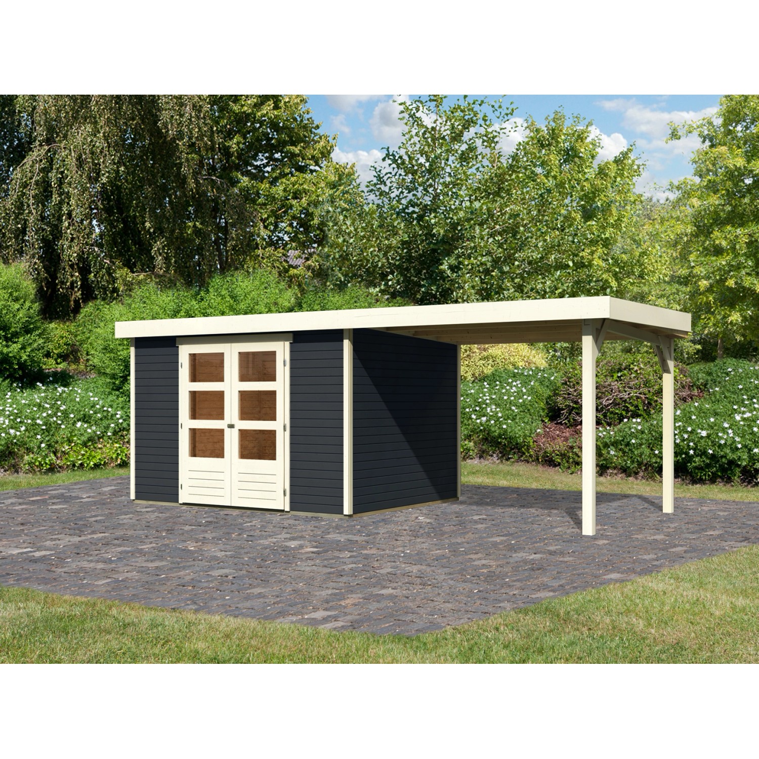 Karibu Gartenhaus Set Boras 5 Anthrazit mit Anbaudach 280 cm Breit 7,21 m² von Karibu