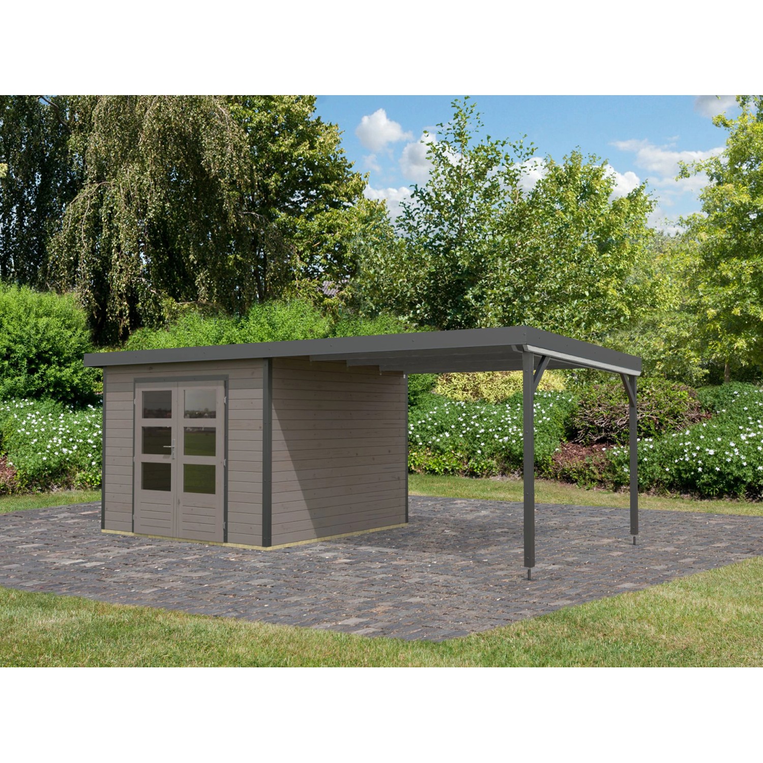 Karibu Gartenhaus Set Domingo D Wassergrau-Anthrazit mit Anbaudach 7 m² von Karibu