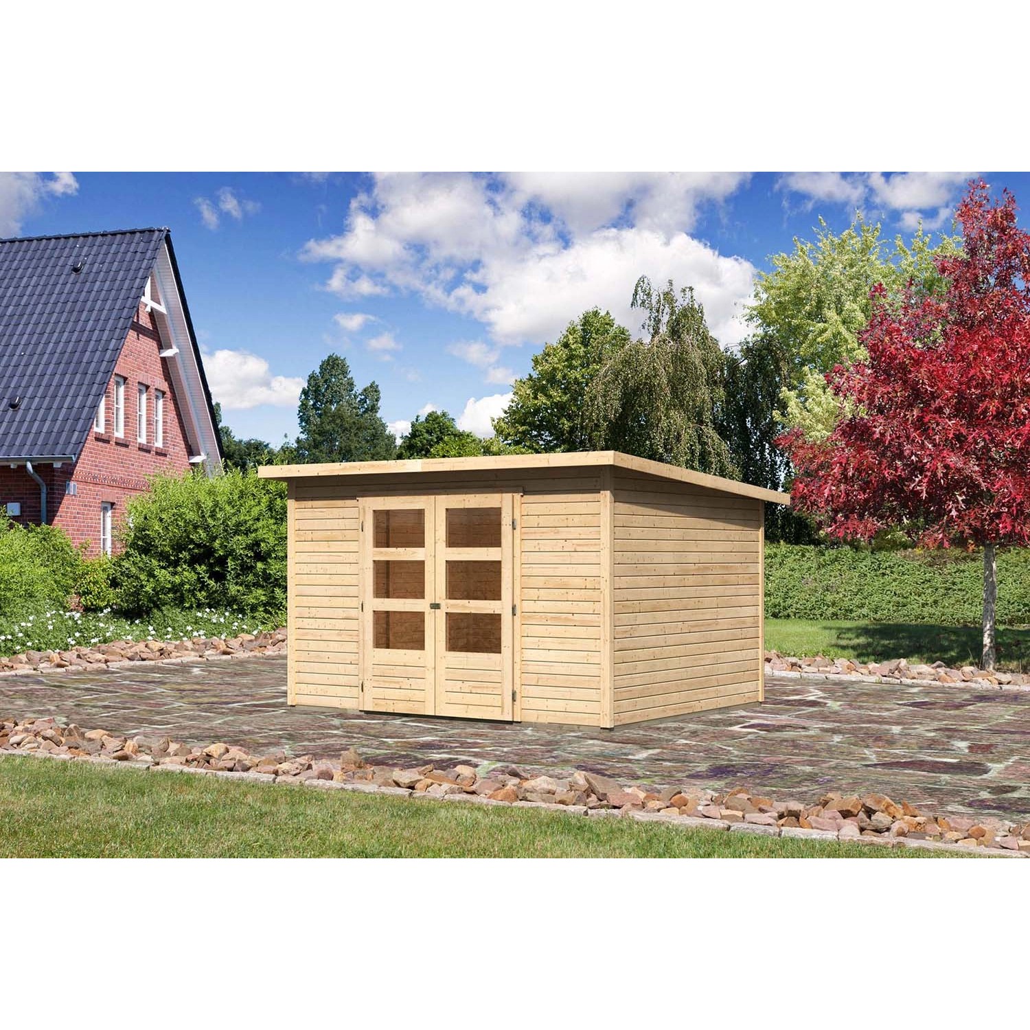 Karibu Holz-Gartenhaus Stockach Natur Pultdach Unbehandelt 301 cm x 242 cm von Karibu