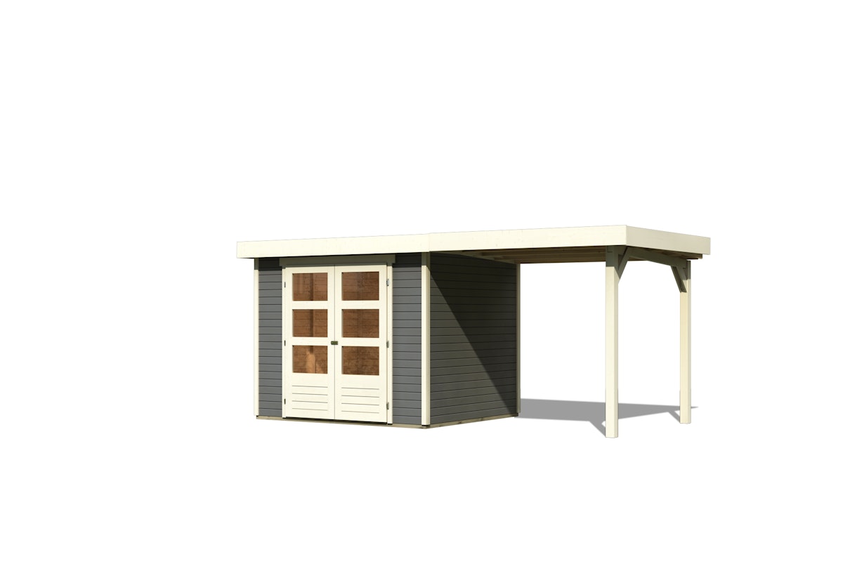 Karibu Gartenhaus Askola 3 mit 220 cm Schleppdach – 19 mm-242 x 217 cm-terragrau 50% Aktions-Rabatt auf Dacheindeckung & gratis Gartenhaus-Pflegebox von Karibu